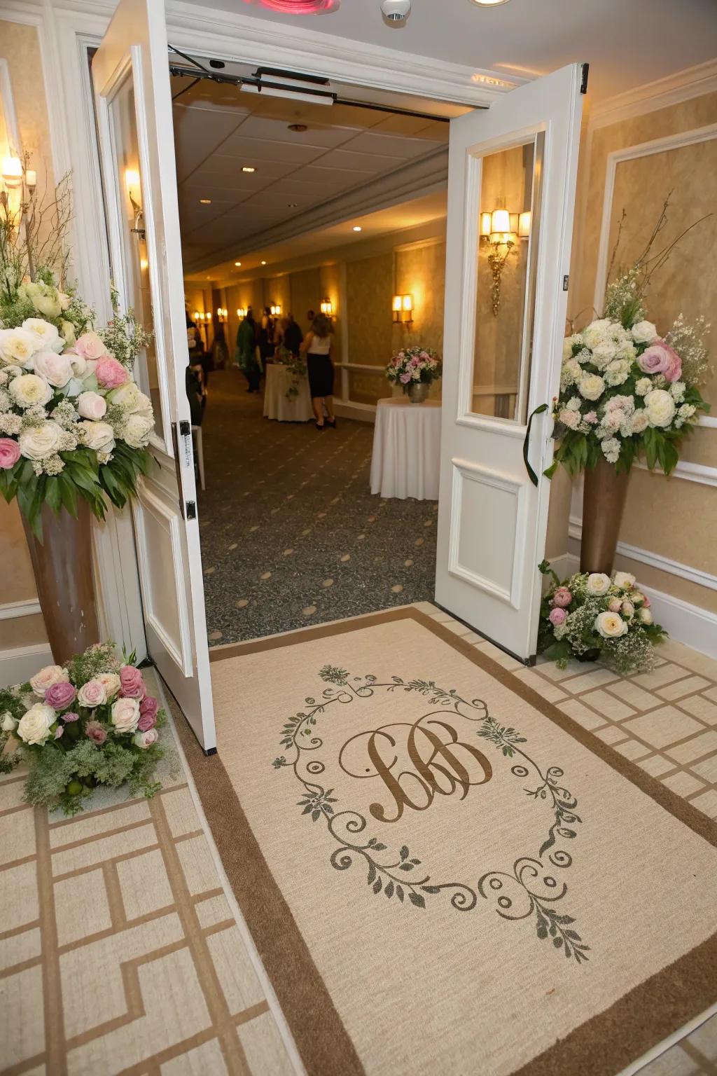 An individualized crested floor covering invites visitors into the shower with elegance and flair.