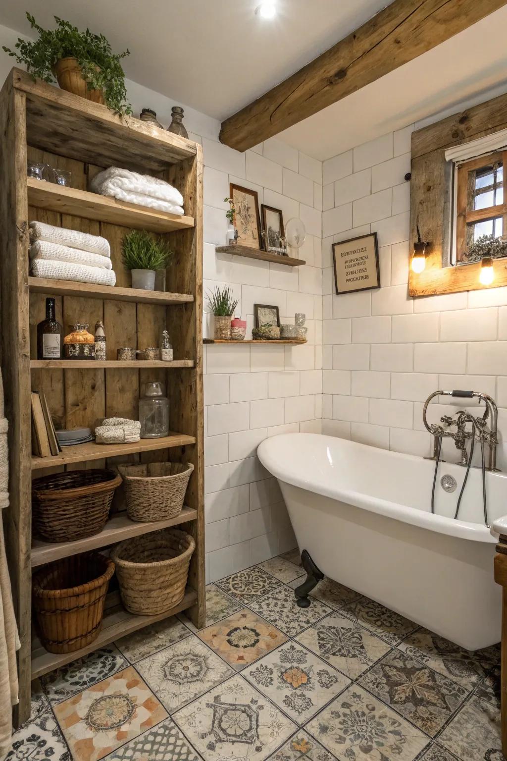The use of repurposed materials brings one-of-a-kind style to this small bathroom.
