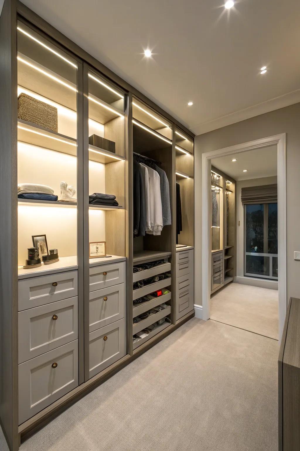 Corner-encompassing closet designs efficiently maximize space.