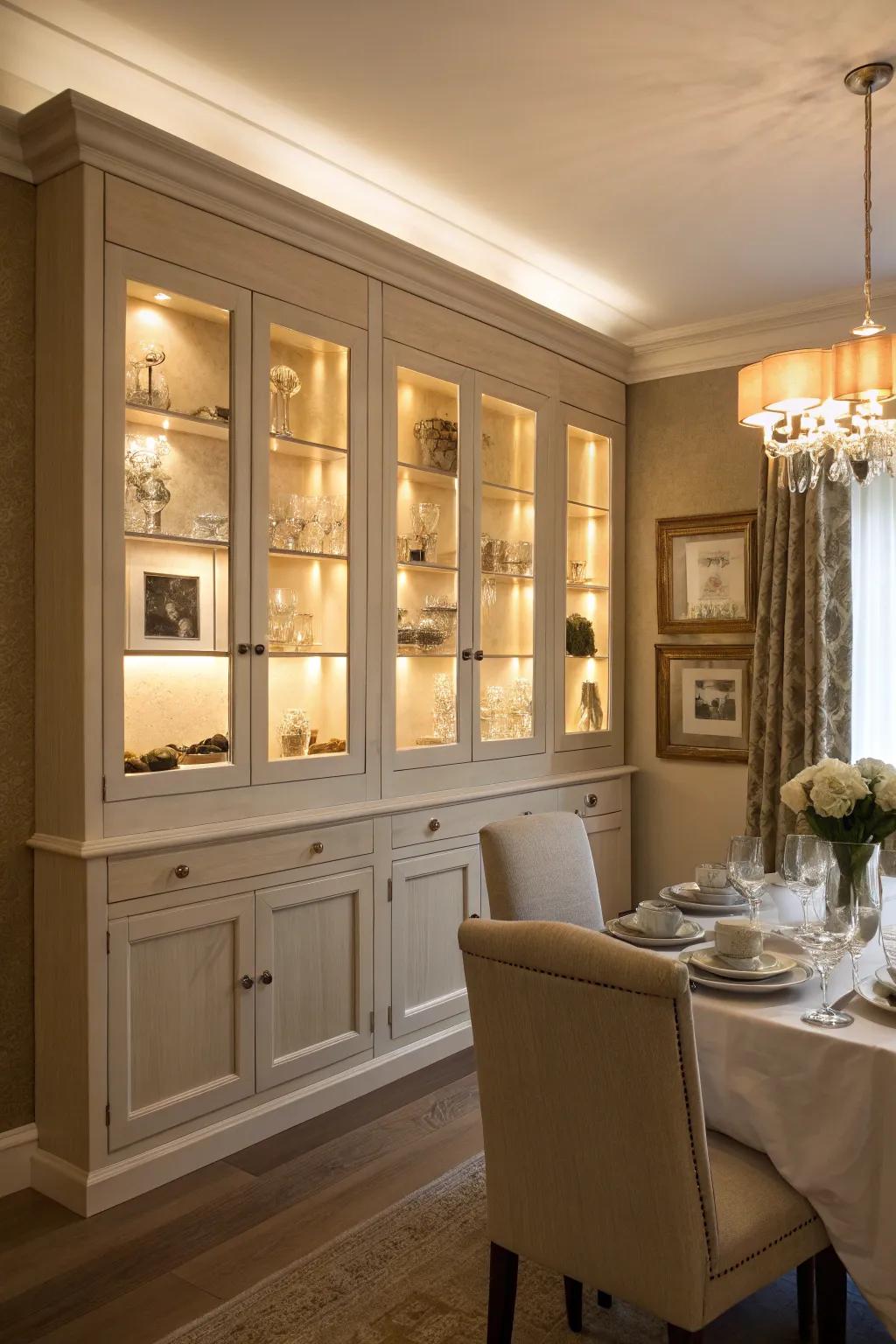 Warm ambiance achieved with integrated lighting in dining room cabinets.