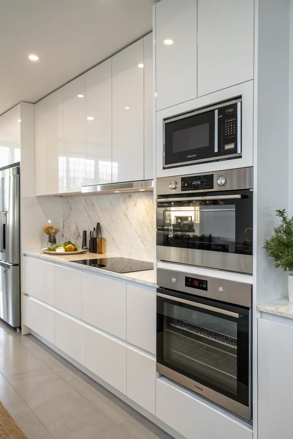 Modern kitchen with a wave emitter stacked over a wall oven, creating a unified cooking zone.