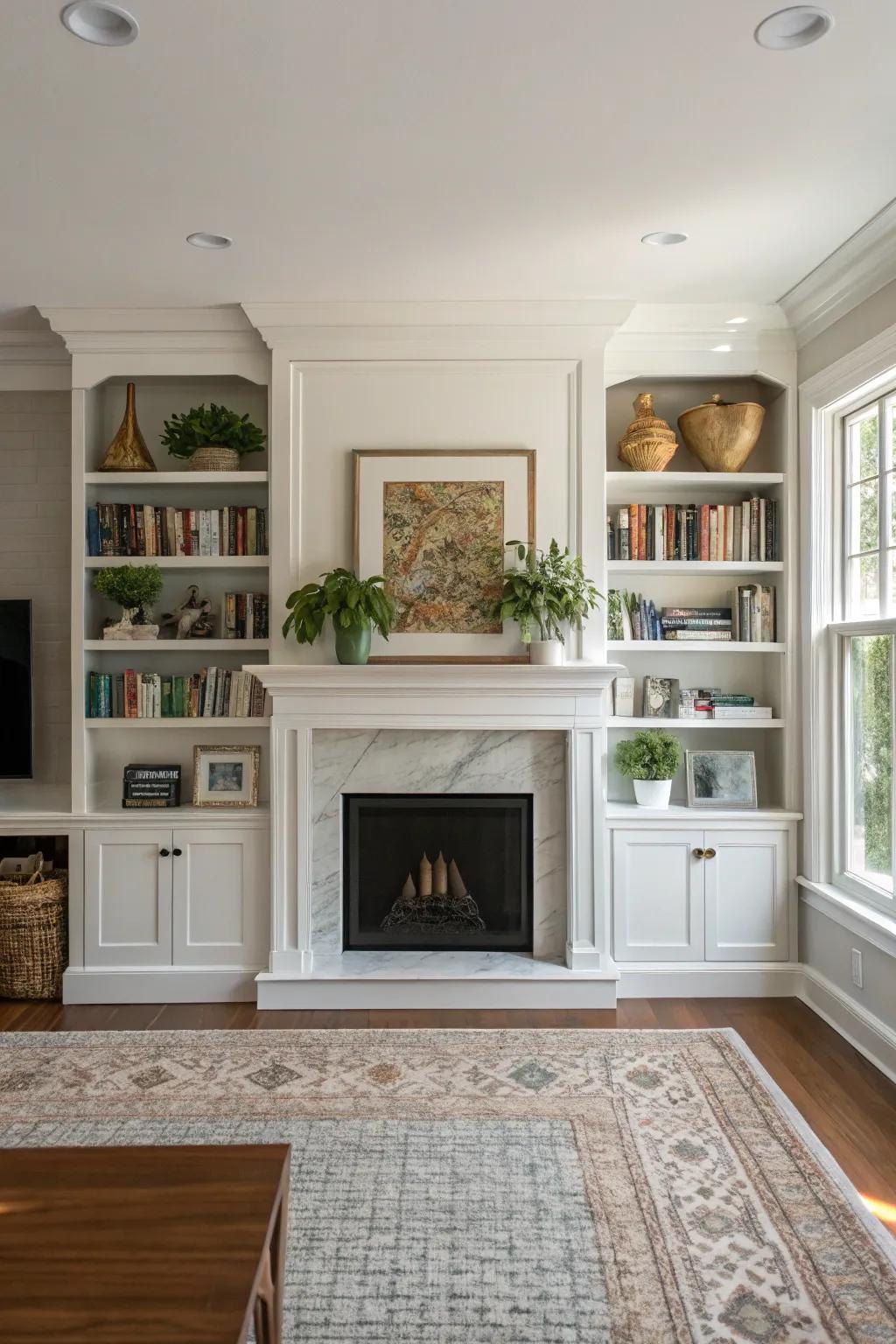 Symmetrical built-in shelving delivers a harmonious and balanced visual.