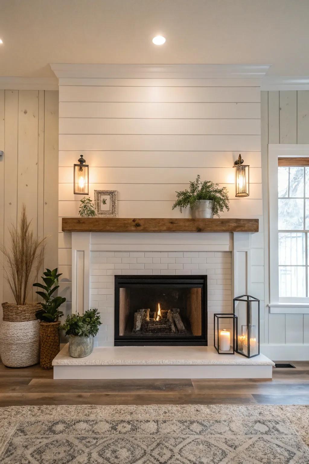 Lap paneling adds a chic, minimalist nuance to the fireplace's design.