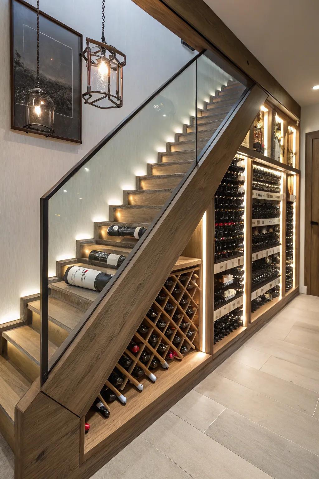 A chic wine storage solution inside a stair bulkhead.