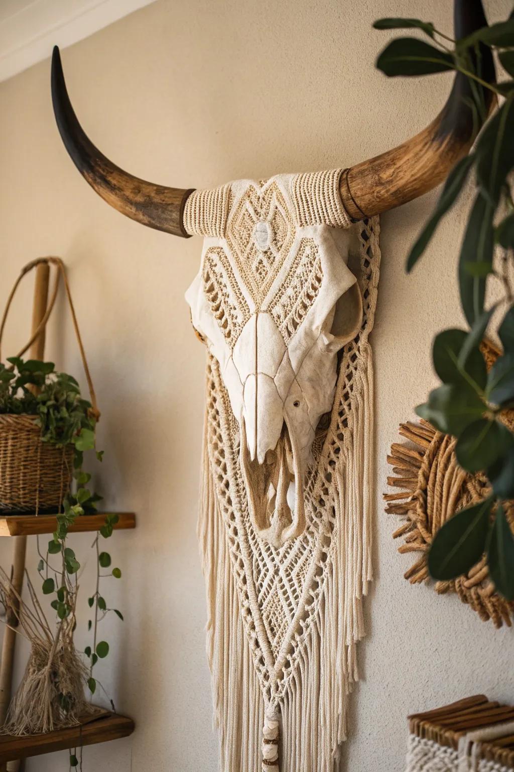 Bohemian texture with macramé and a bull skull.