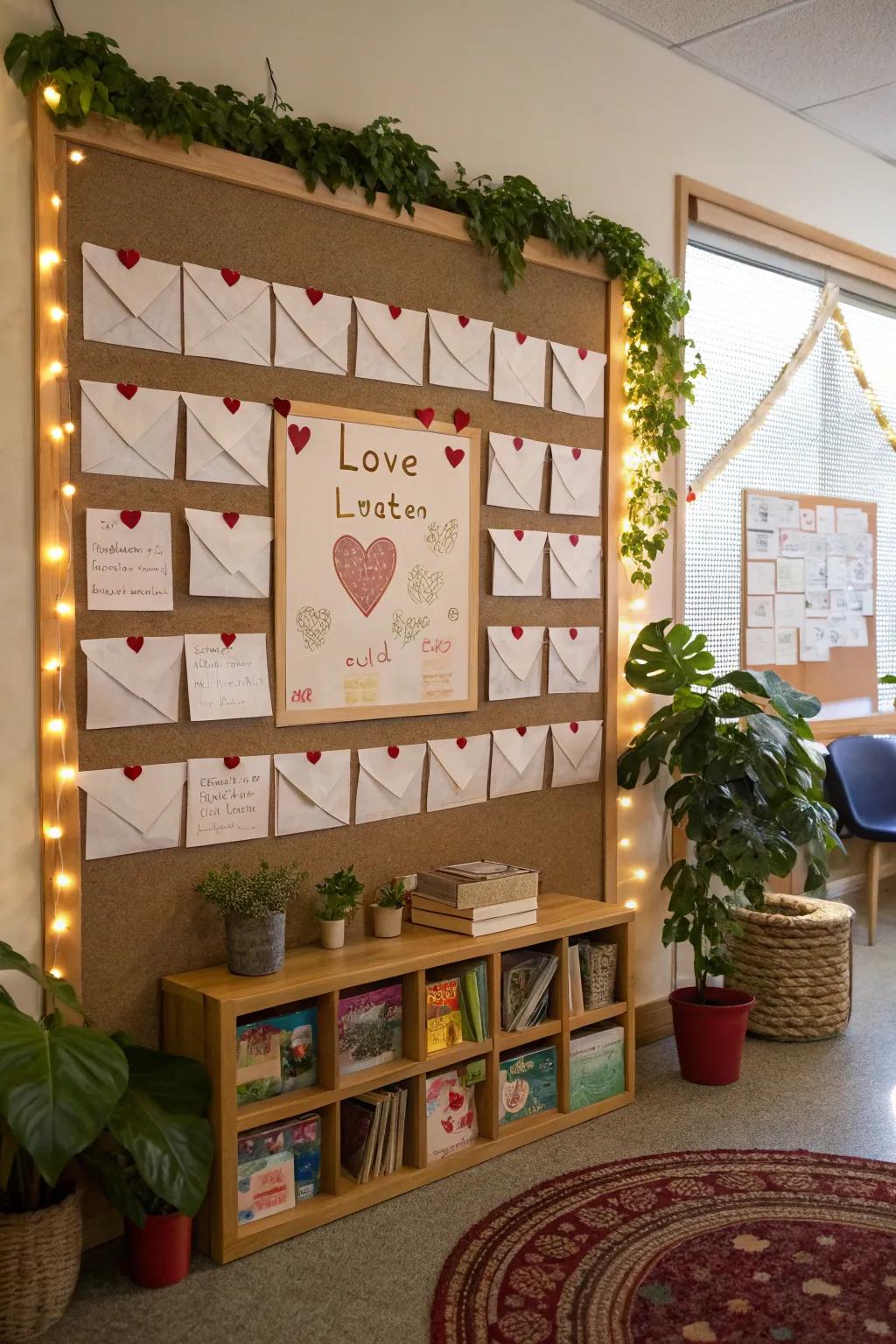 Display board showcasing envelopes filled with confidential affectionate letters.