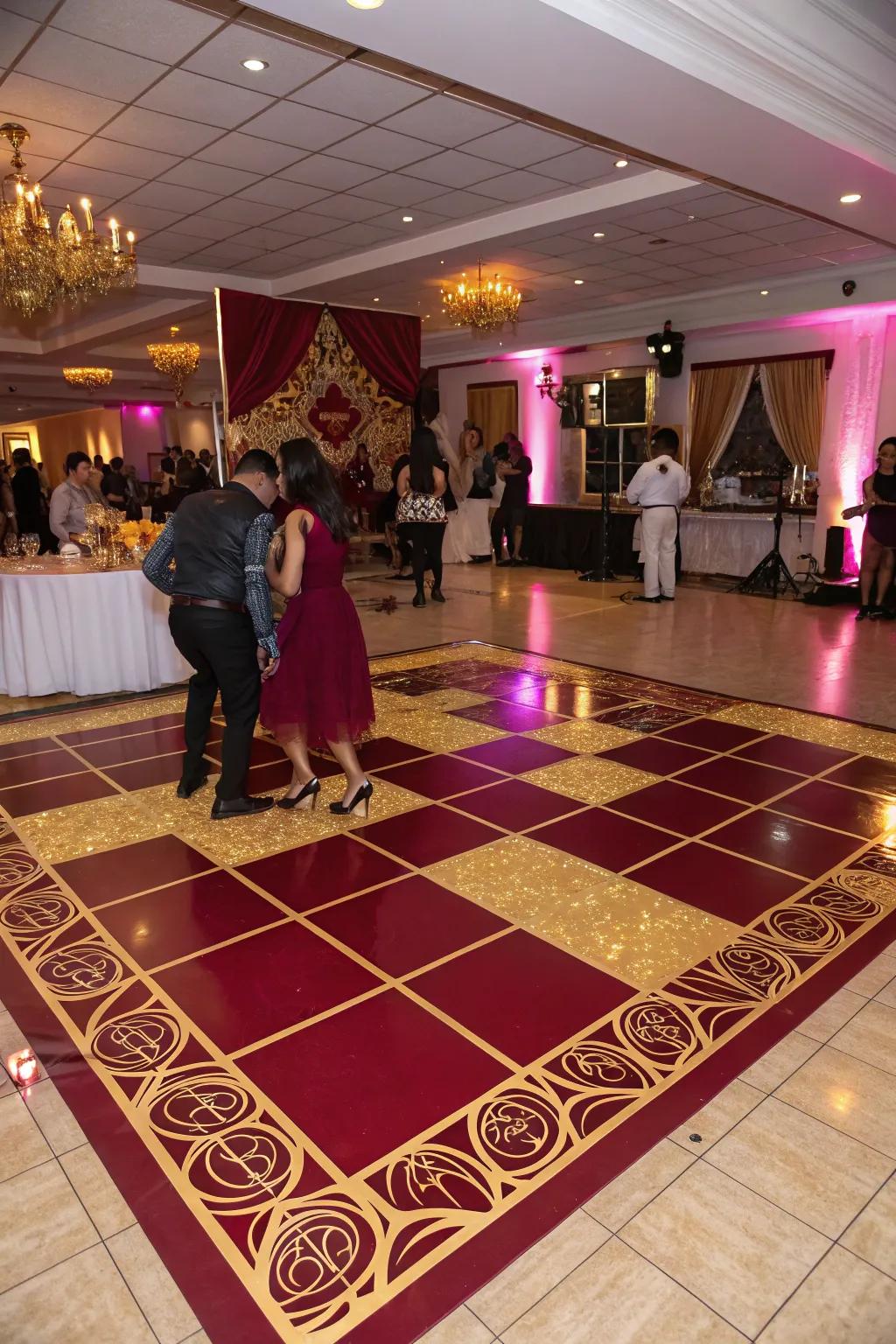 A claret and gold dance floor becomes the evening's heart.