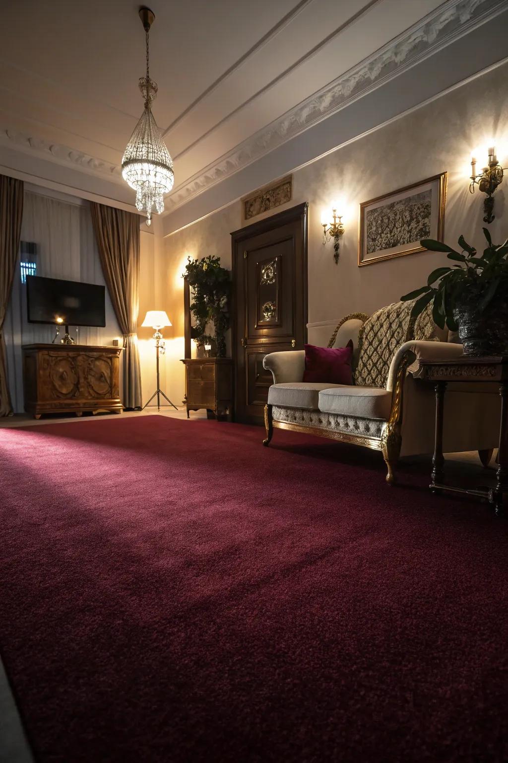 Light and shadows play beautifully across a deep red floor covering.