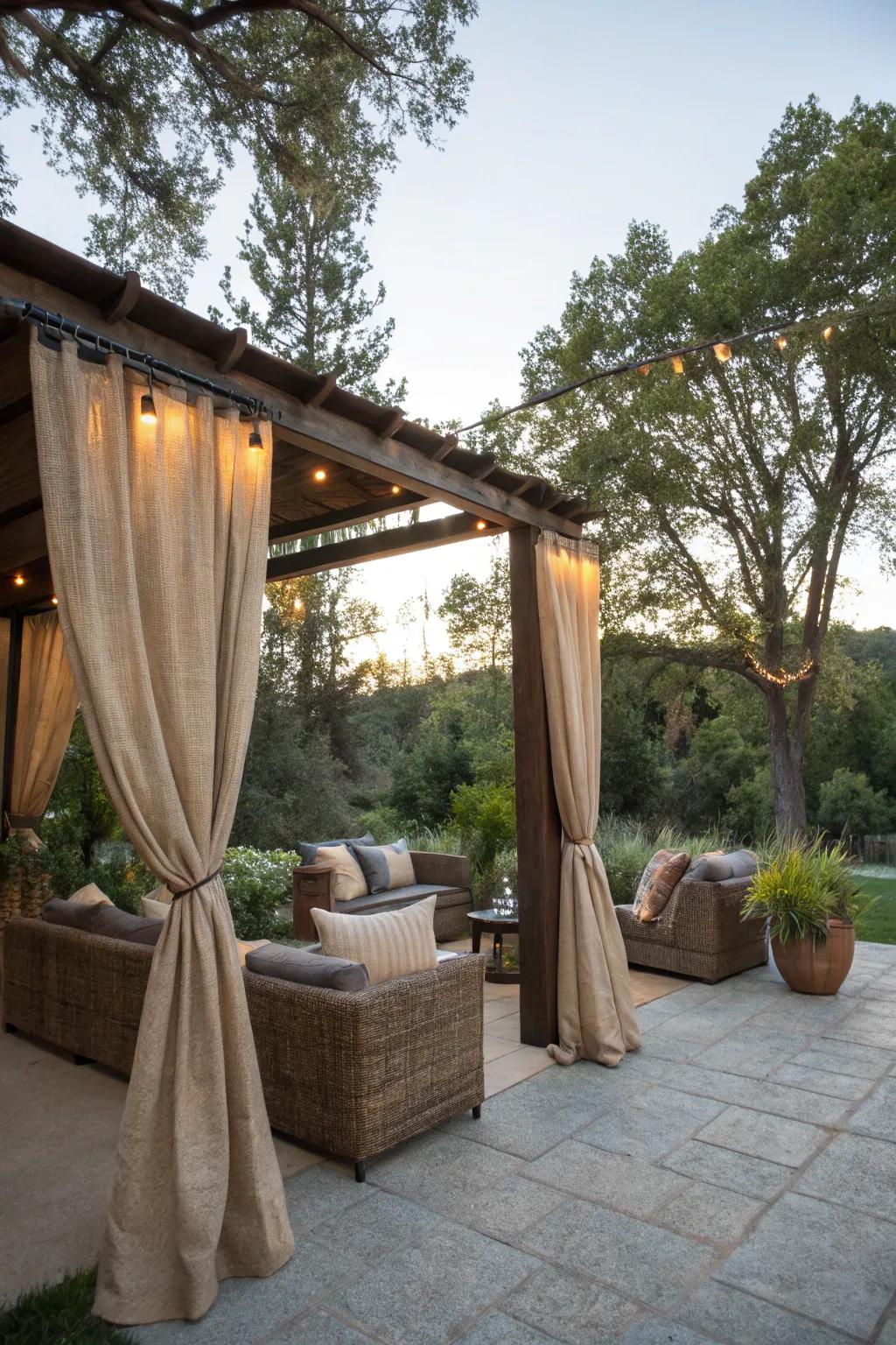 Outdoor comfort through material window coverings on the veranda.