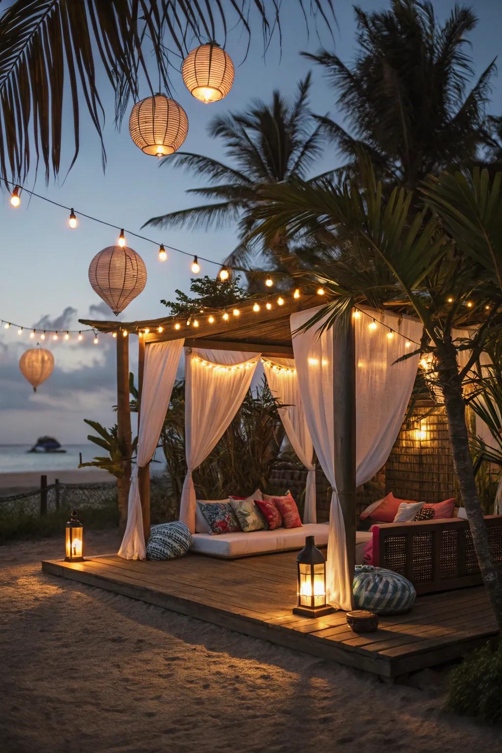 Enchanting cabana featuring decorative lighting for ambiance.