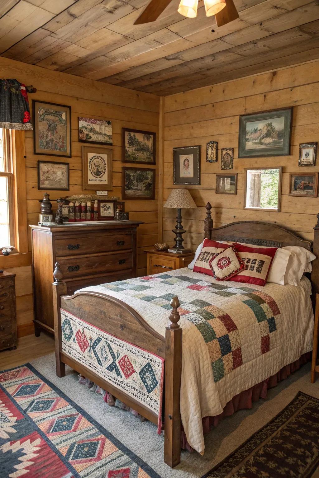 A cabin bedroom decorated with vintage items and decorations.