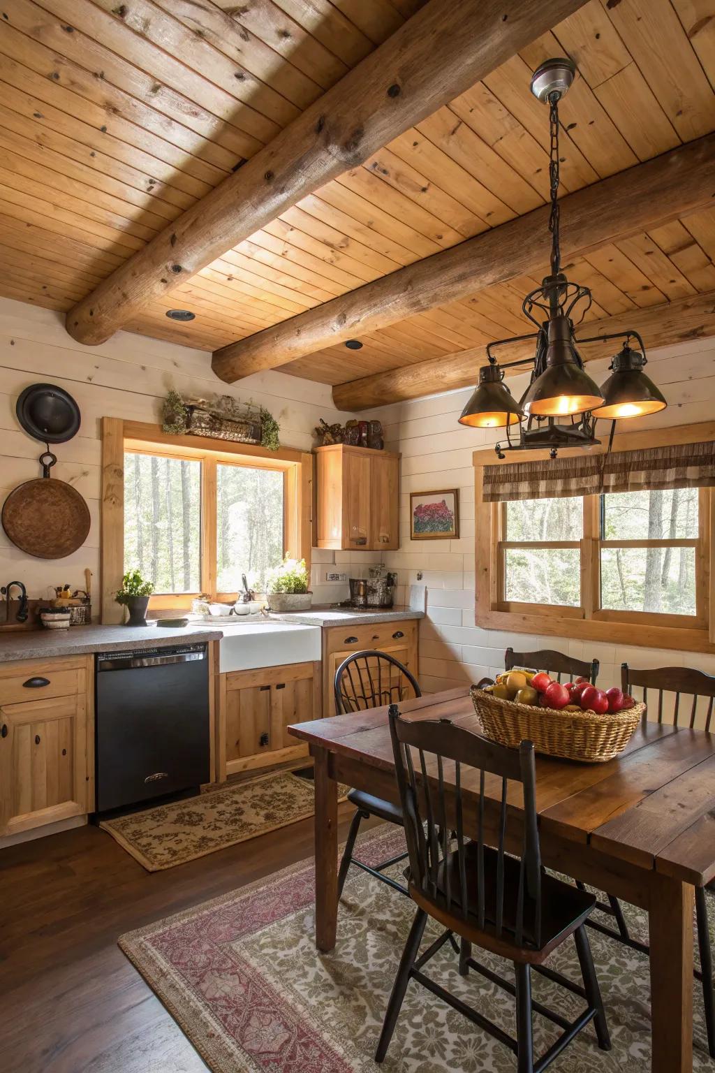 A wooden plank ceiling introduces depth and warmth to a cabin cooking space.