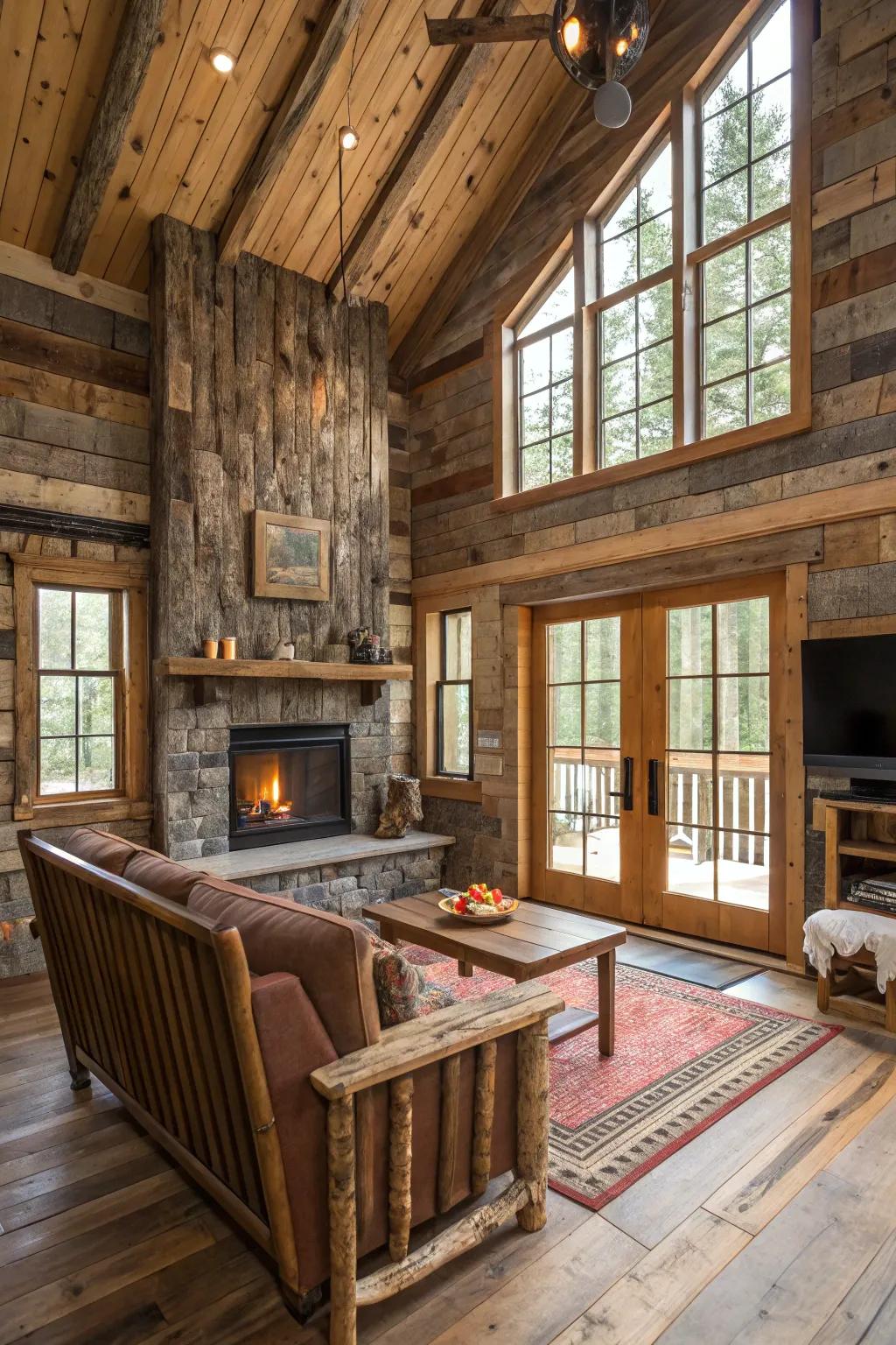 Repurposed barn wood enriches cabin walls with homespun charm.