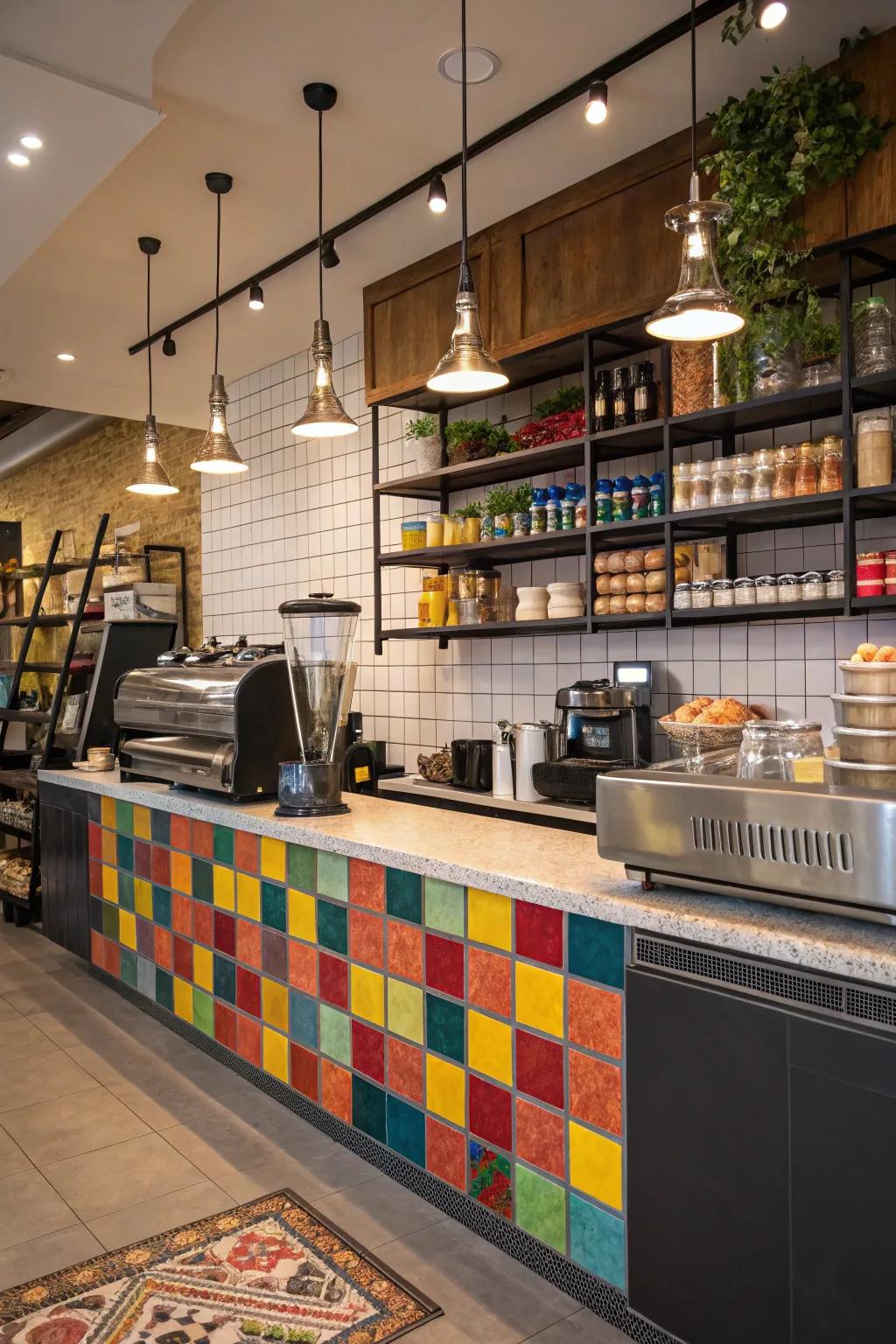 A striking backsplash introducing personality into a cafe cooking area.
