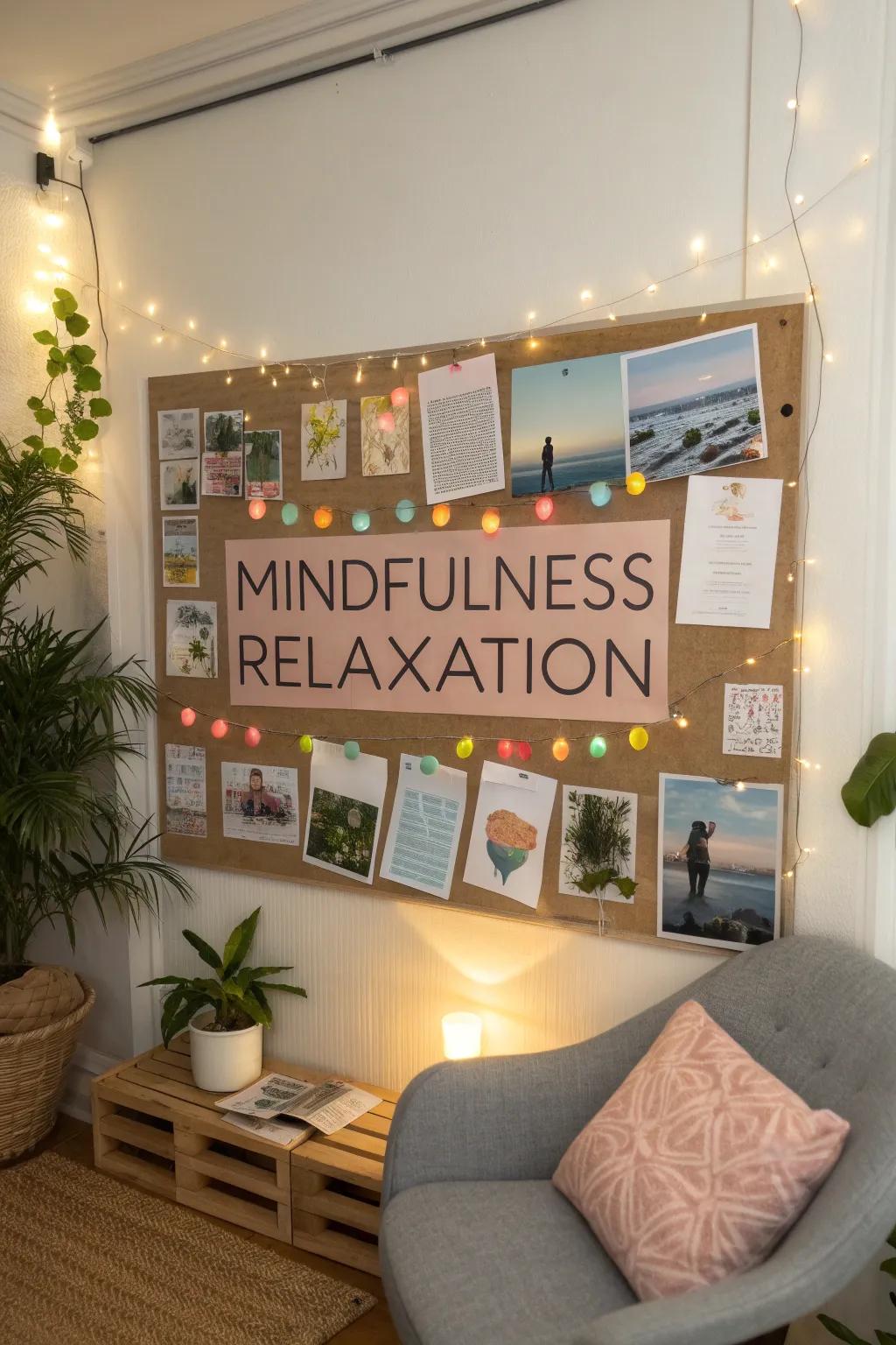 A mindfulness board with relaxation tips for students.