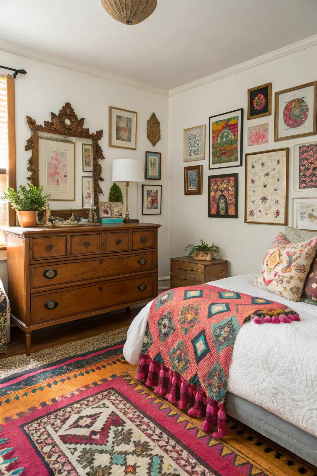 Bedroom showcasing a vintage dresser that adds charm and character.