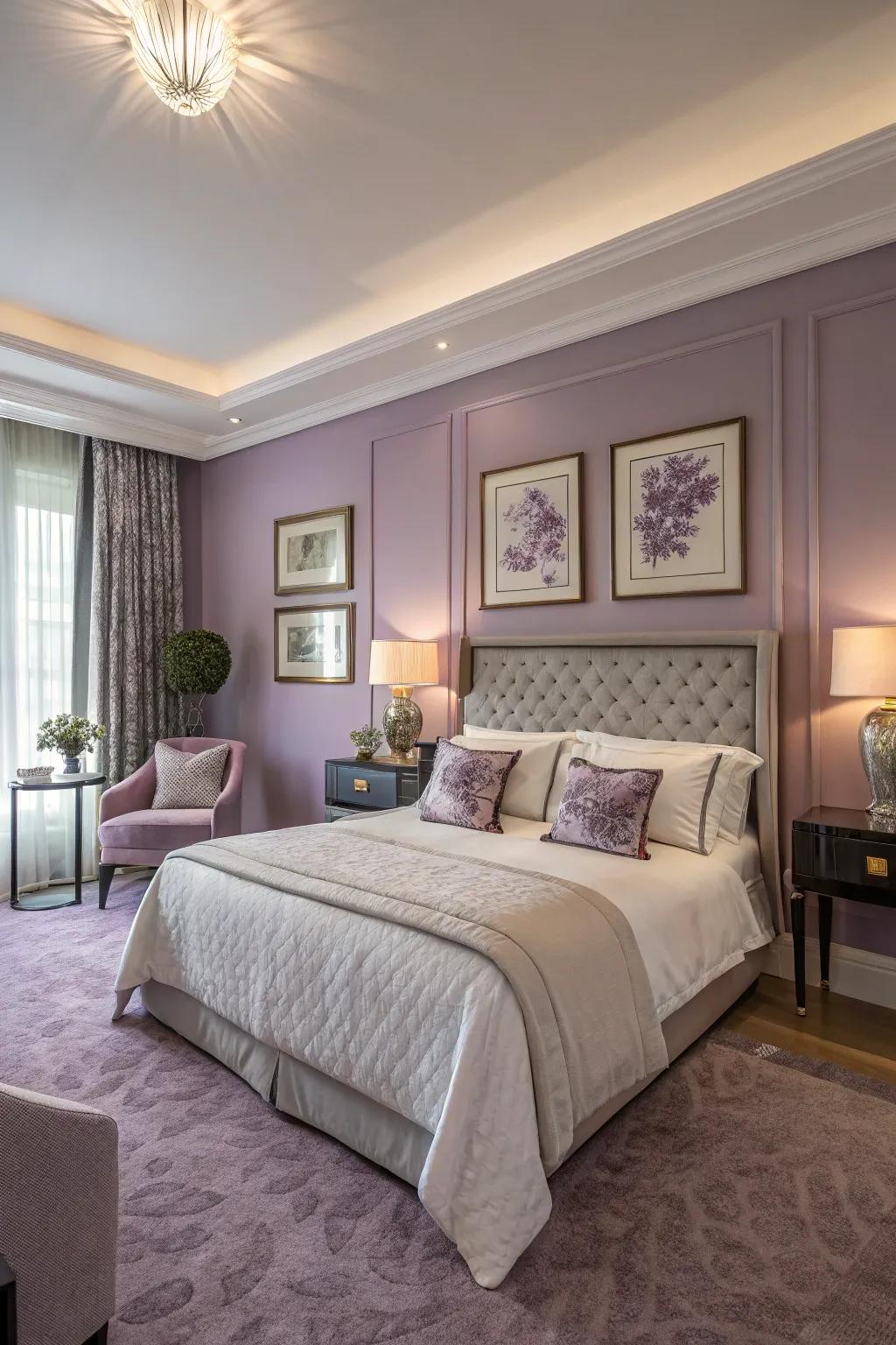 Lilac walls introduce delicate beauty and serenity.