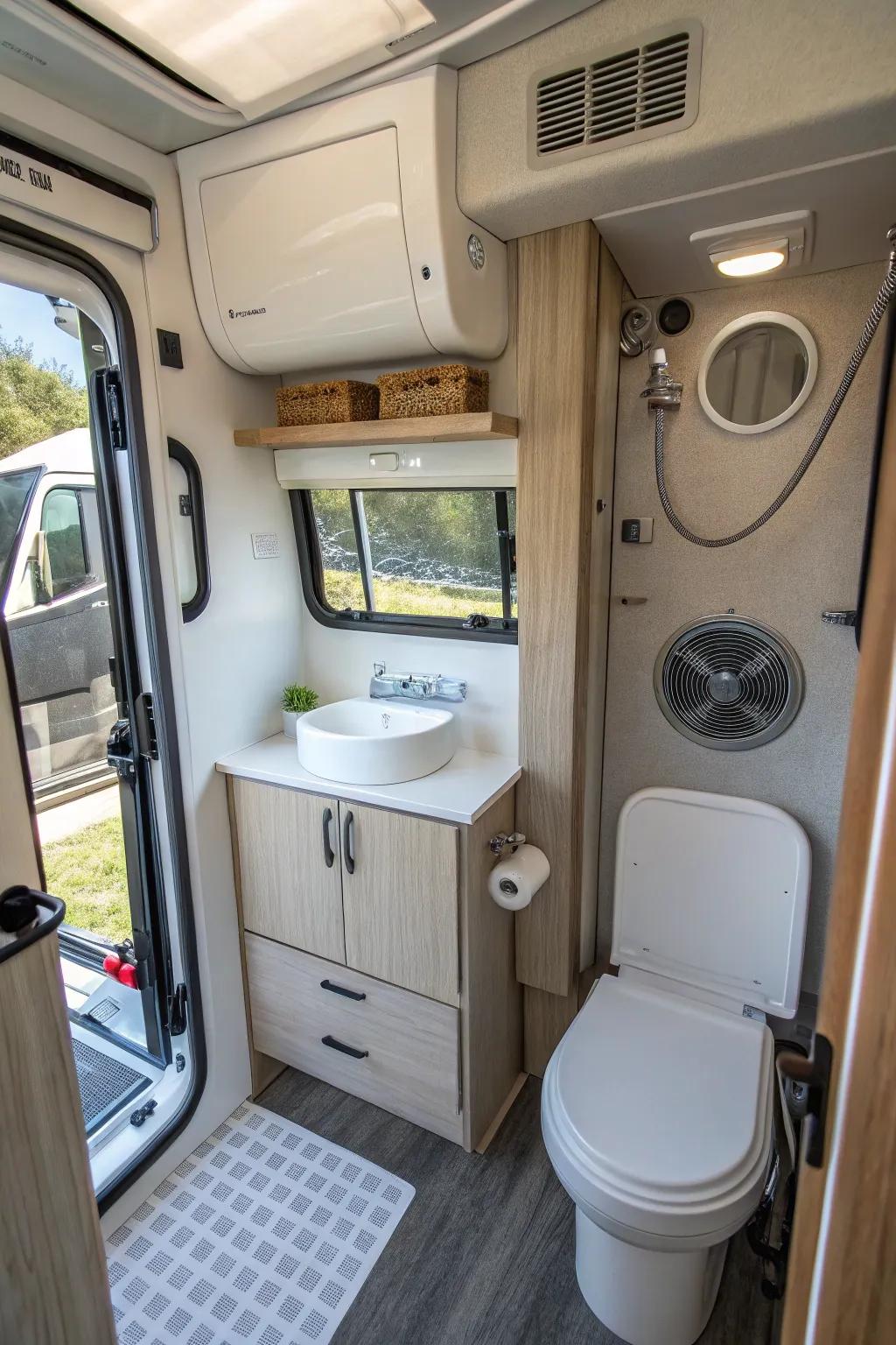 An efficient air flow system in a mobile home washroom.