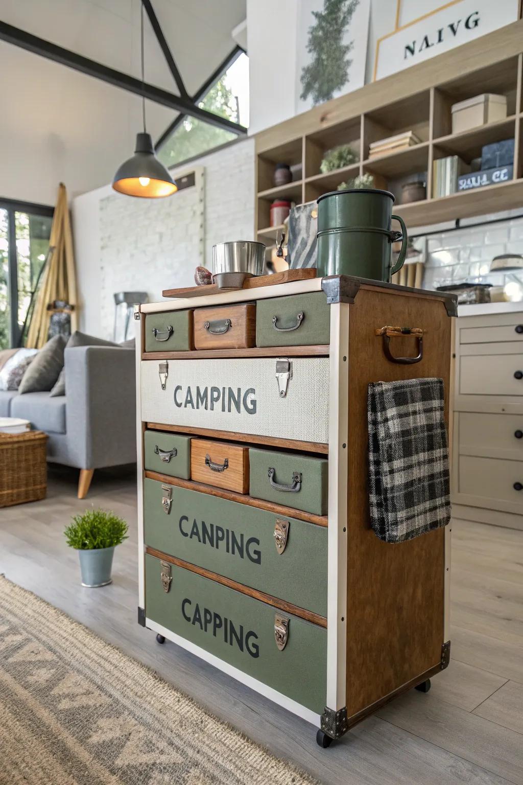 Old furnishings can be transformed into stylish storage for camping gear.