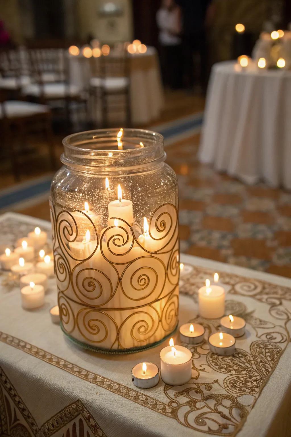 Ornamental twisted candle layout inside a container.