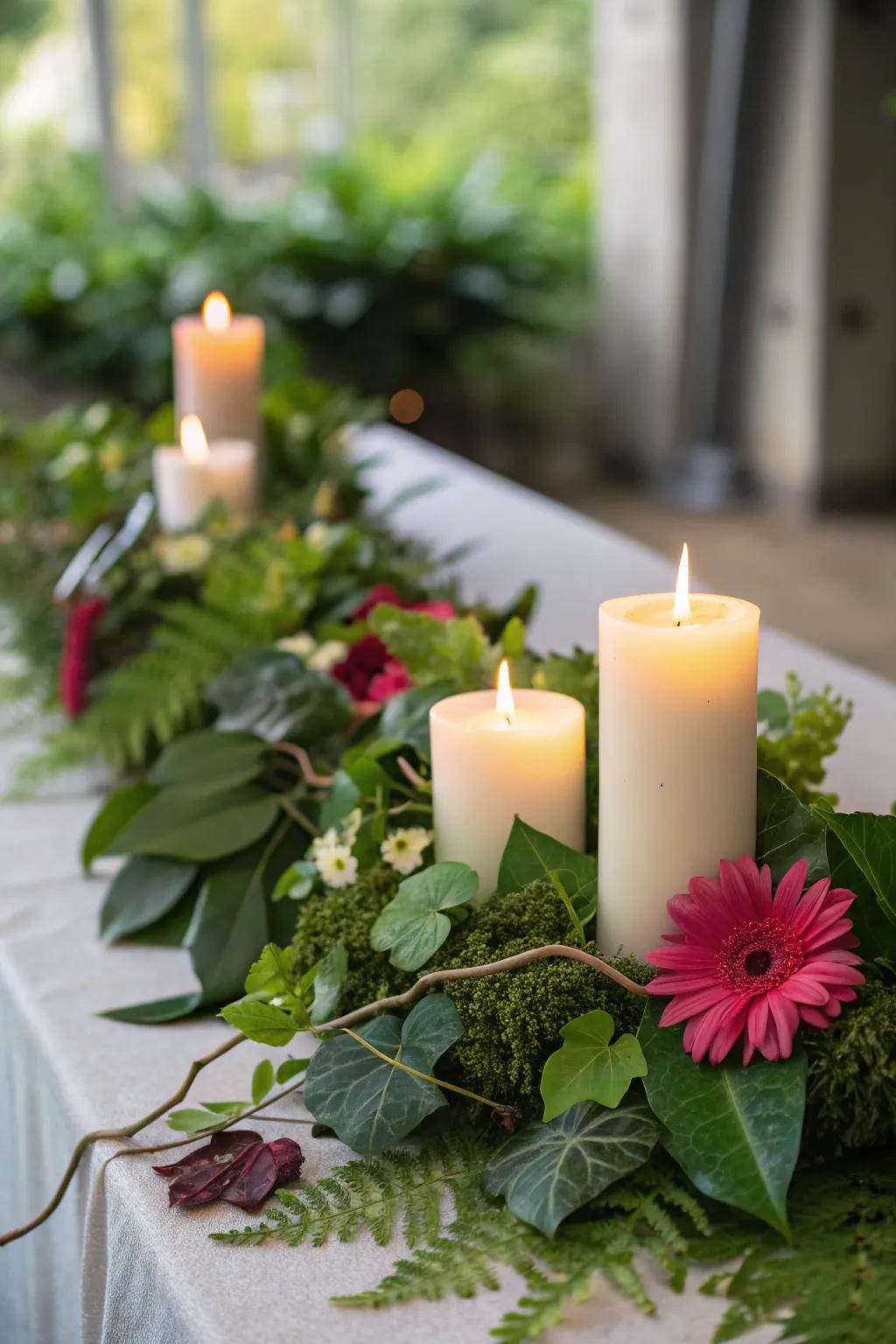 Candles are elegantly encircled by lush greenery, creating a vibrant ambiance.