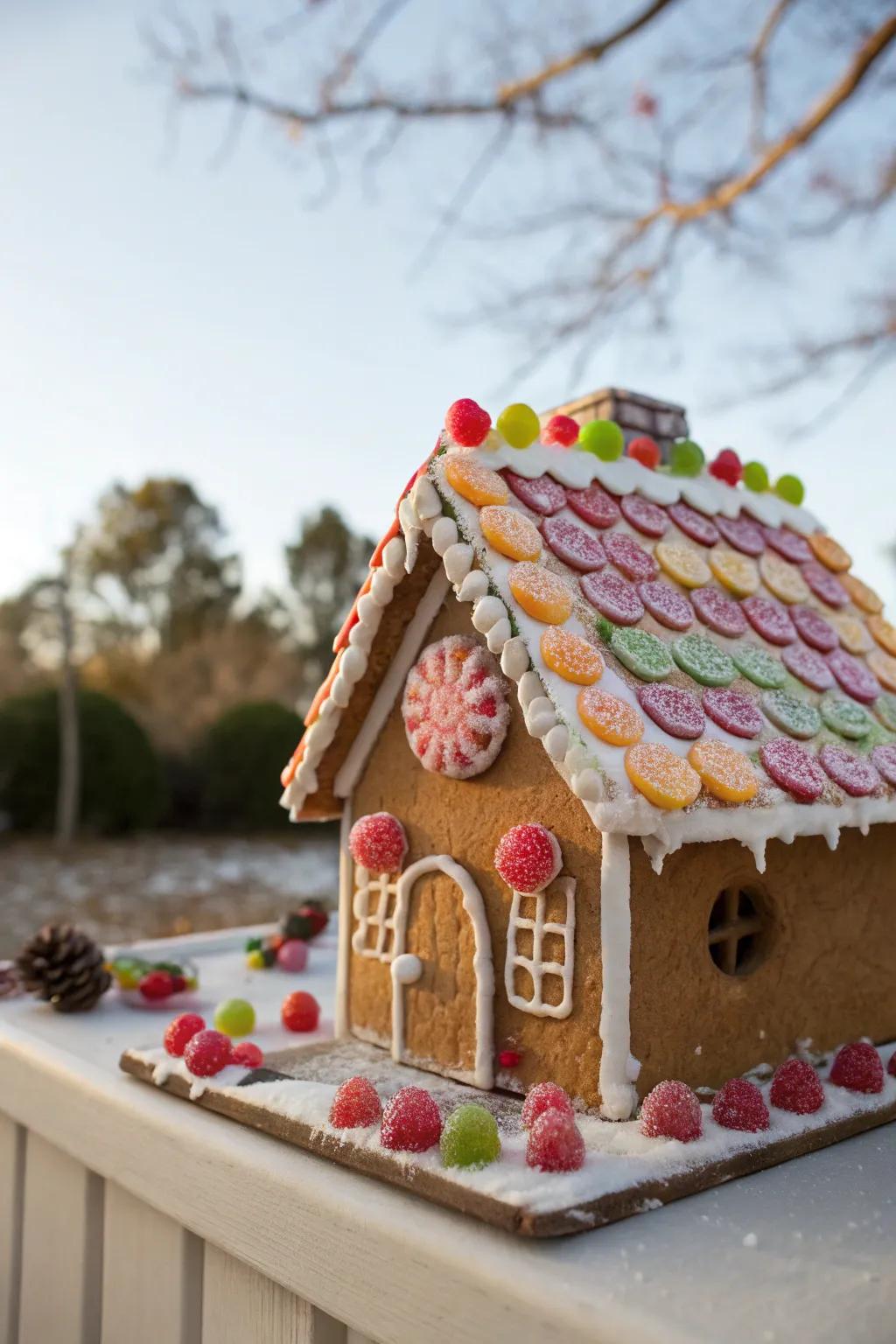 A vibrant roofing crafted from colorful pressed fruit strips.