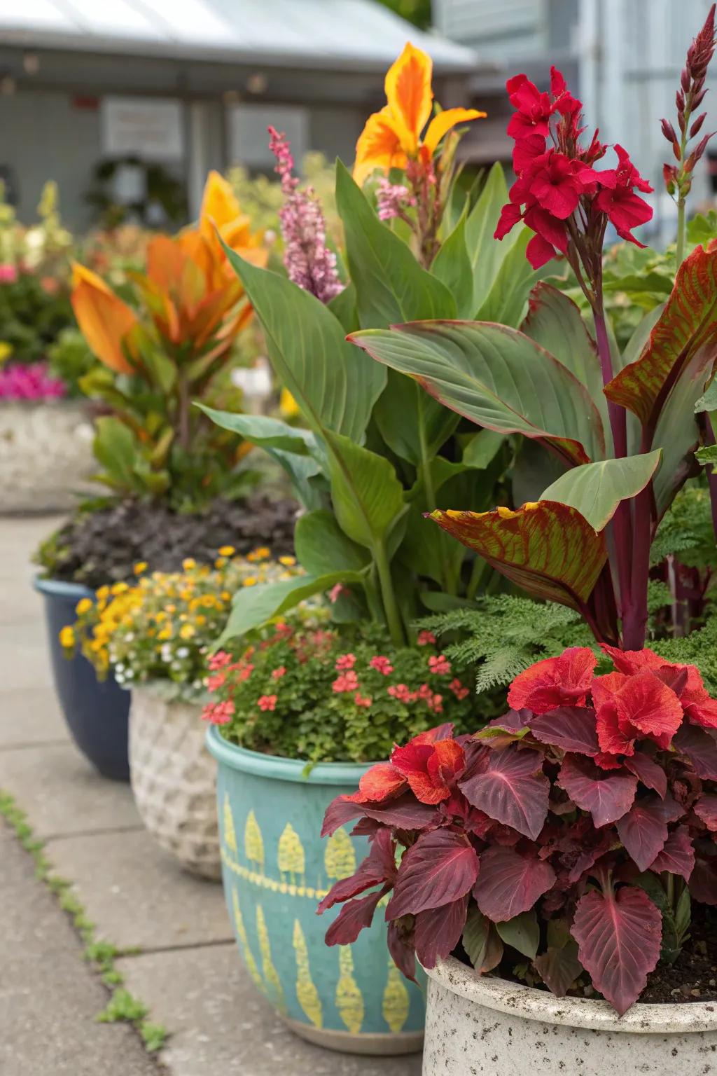 An artistic blend of ginger blossoms, coleus, and begonias.