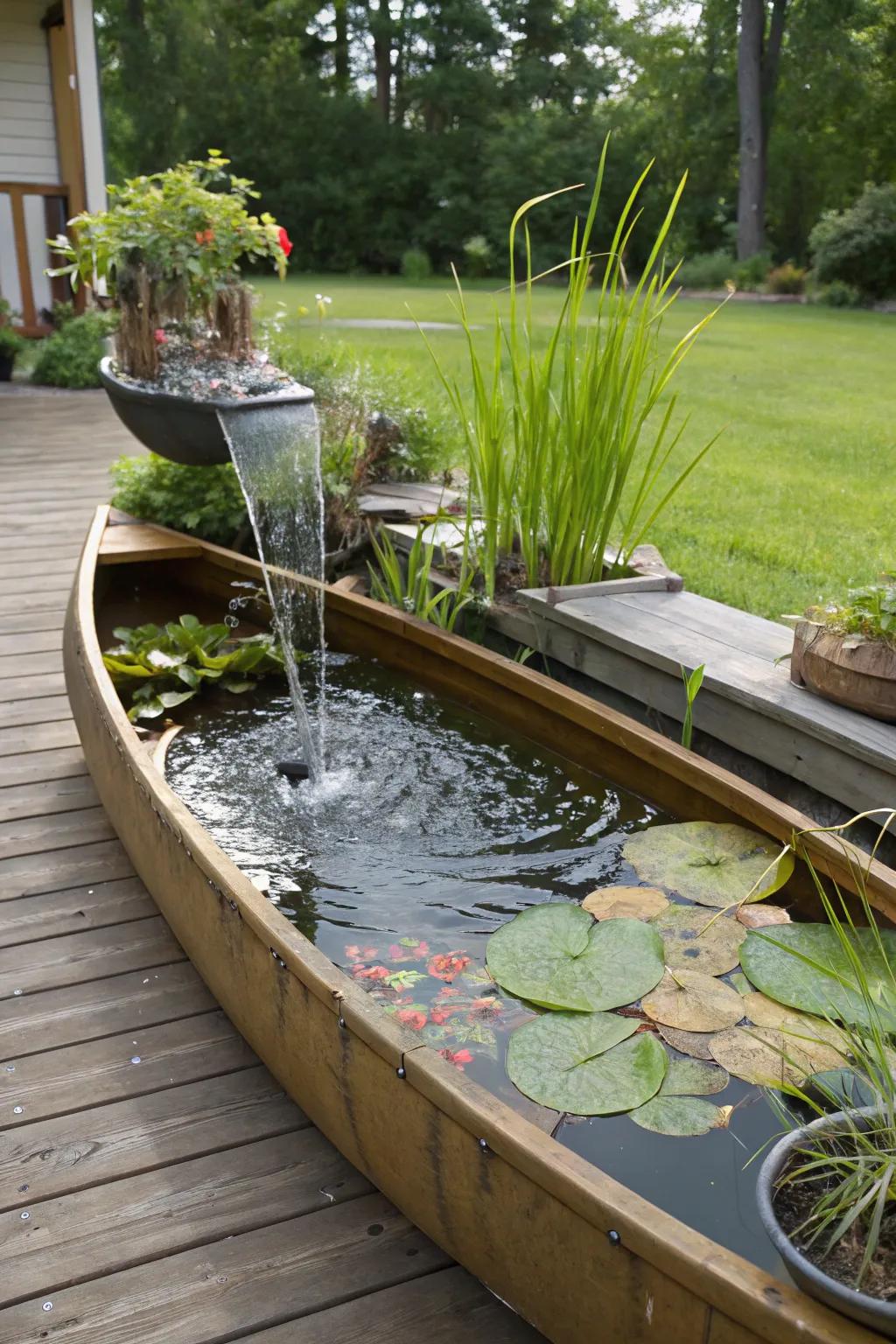 A watercraft turned water feature offers a tranquil garden experience.