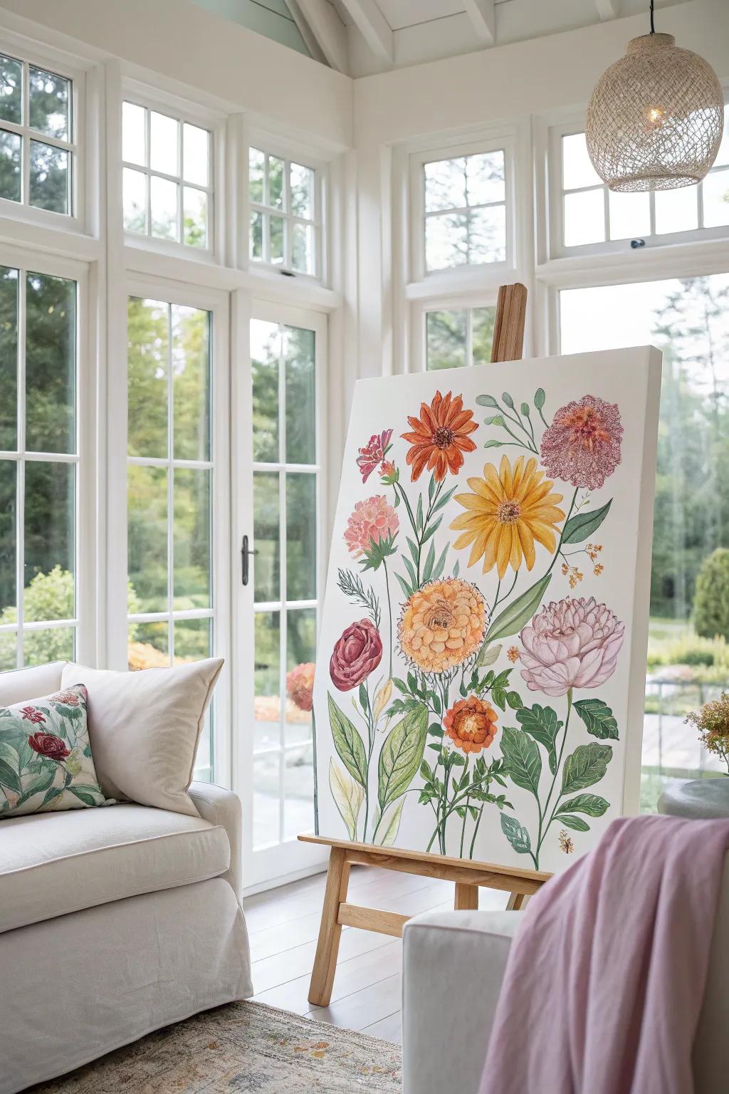 Floral painting in a bright living room