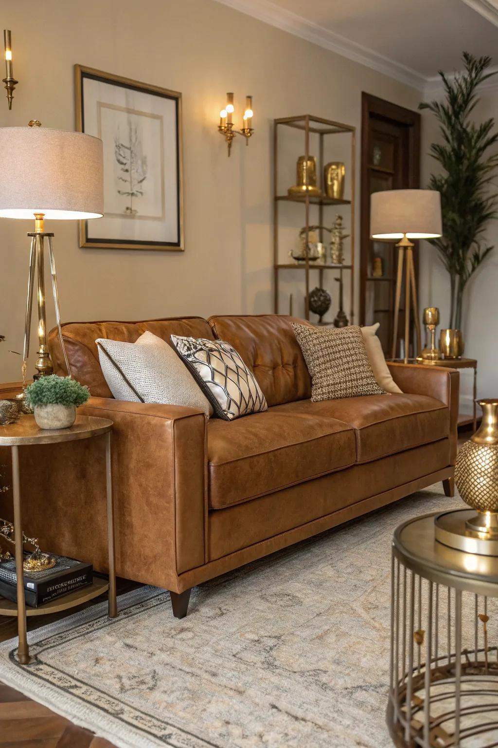 Metallic details bring a touch of glamour to a butterscotch sofa setting.