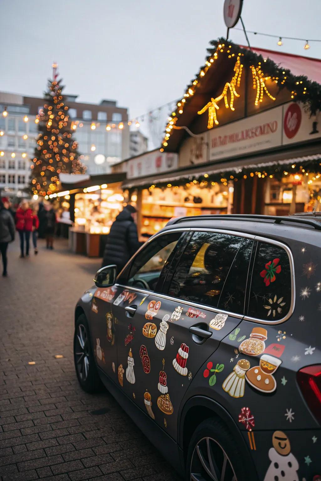 A car ornamented with gingerbread decals, introducing a sweet holiday touch.