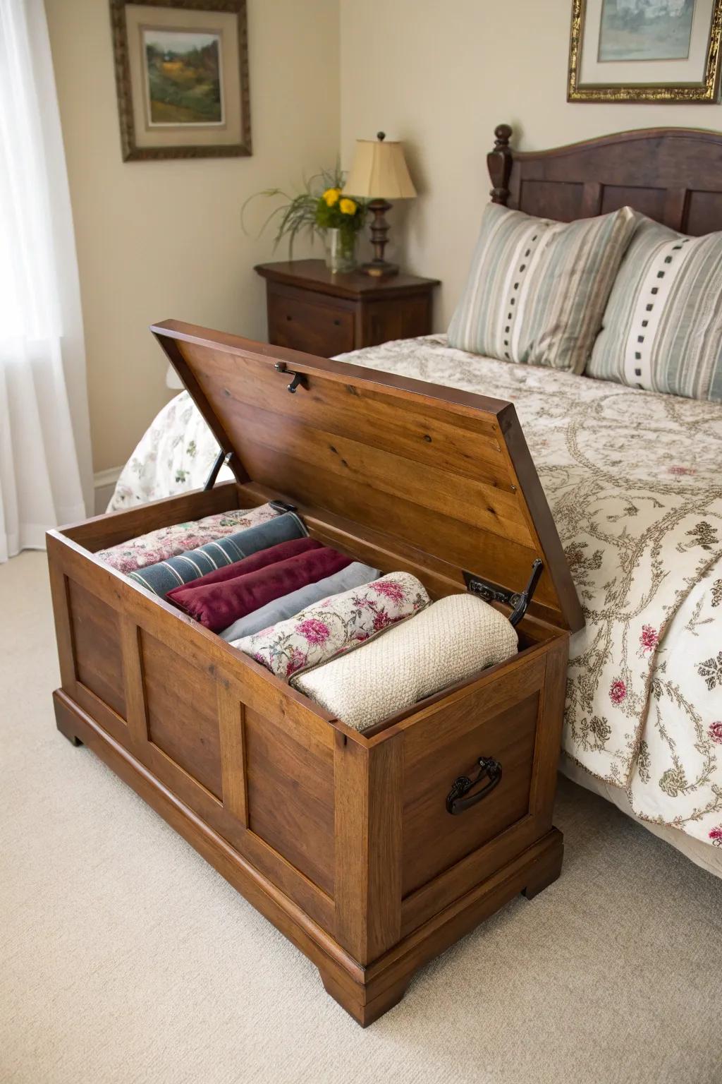 A blanket chest offers stylish extra seating in any room.