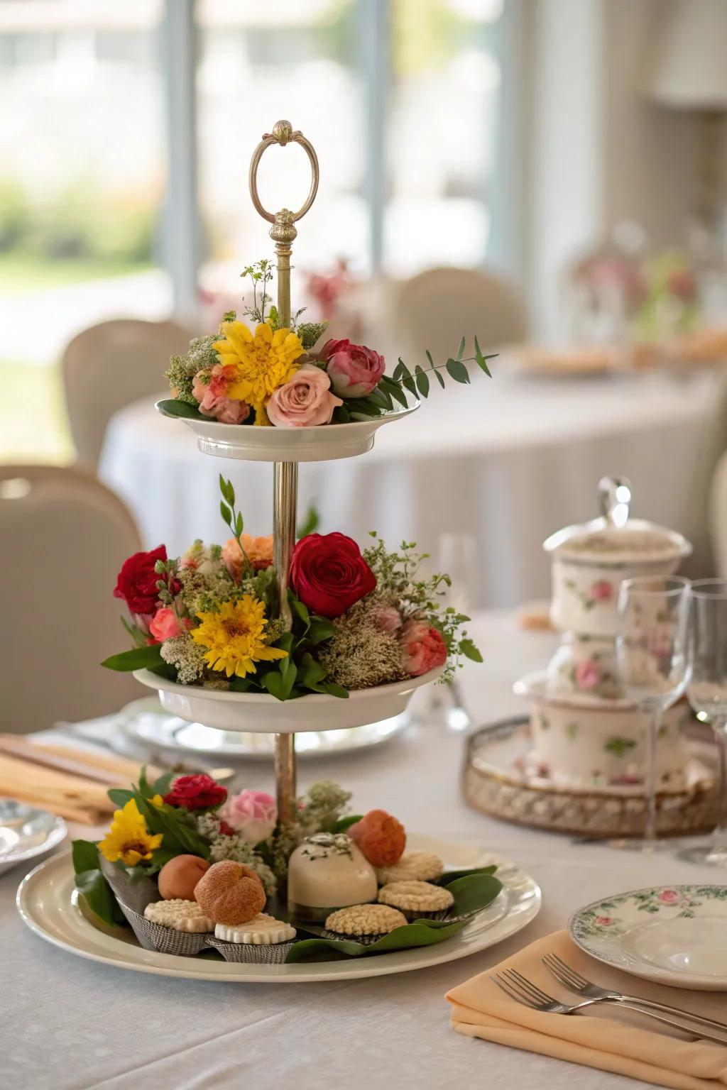 Layered elegance using a tiered display centerpiece base.