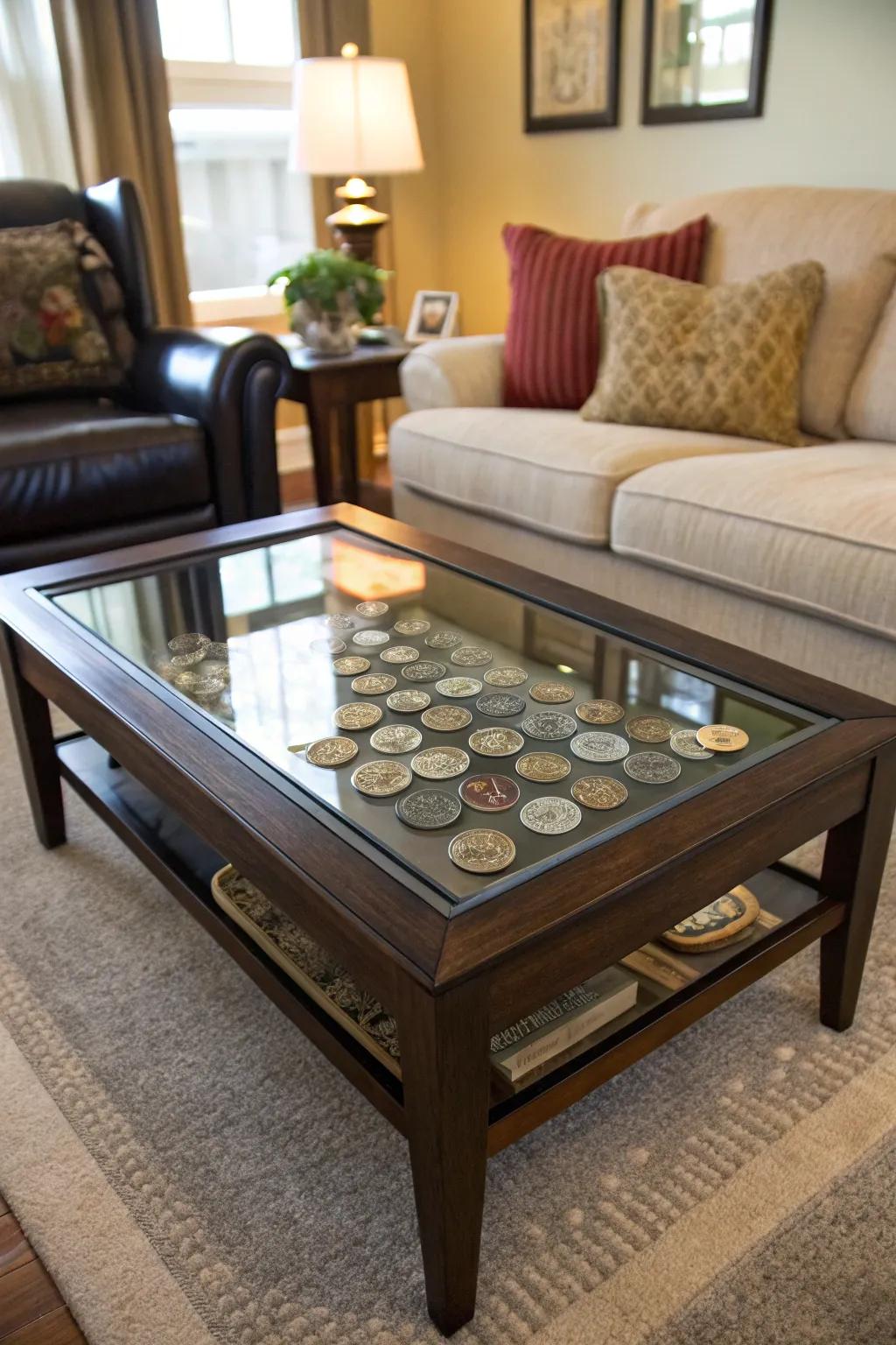 Glass-topped parlor tables furnish an avant-garde and practical showcase.