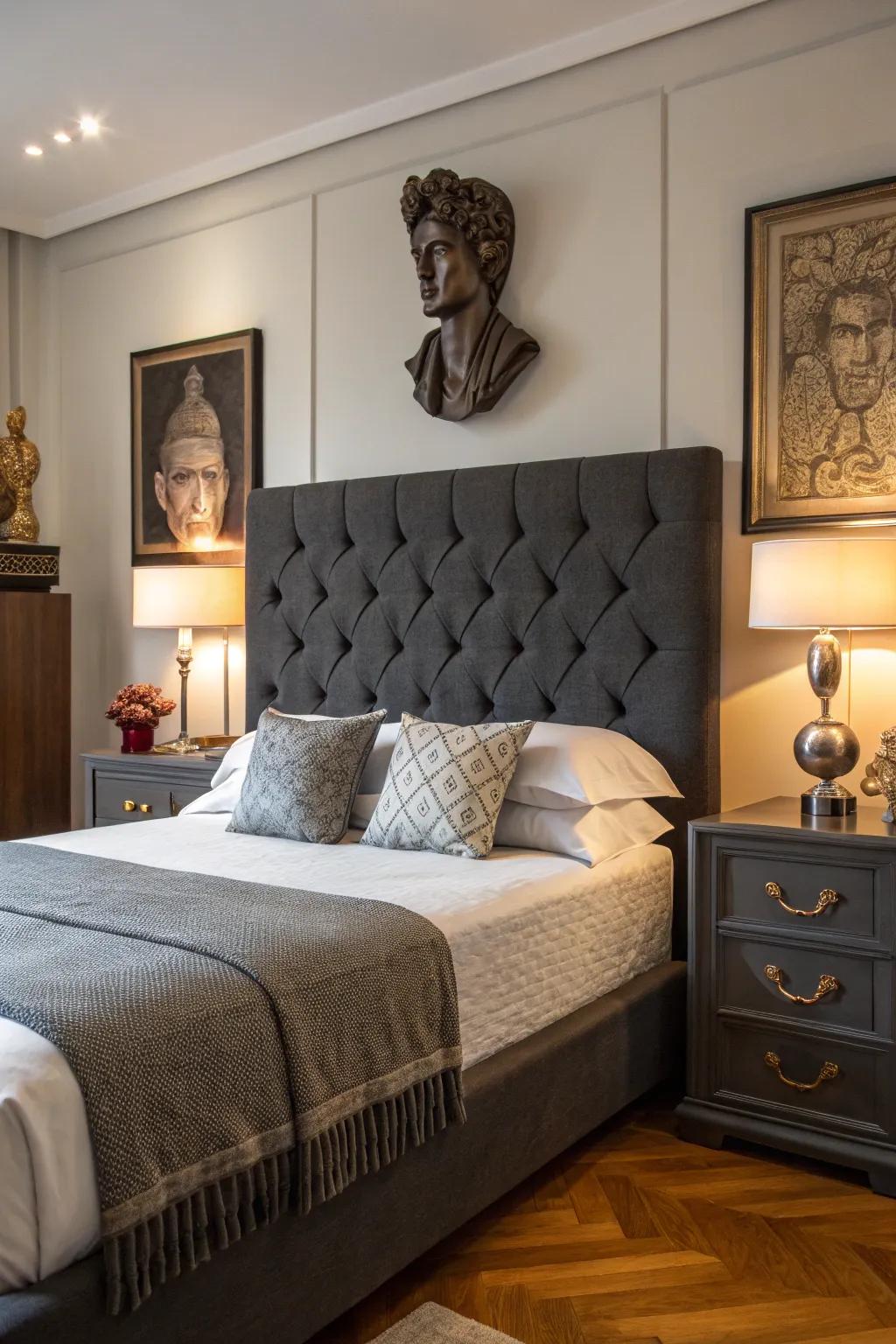 Artistic features personalize and uplift a deep grey headboard space.