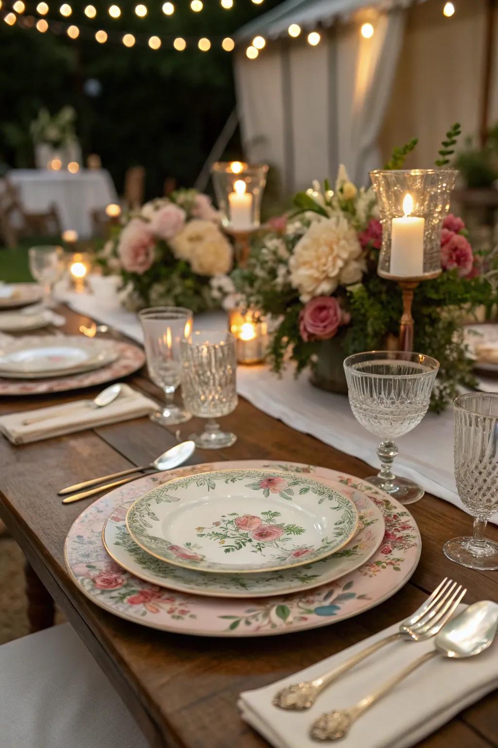Your table gains nostalgic charm with vintage-inspired charger plates.