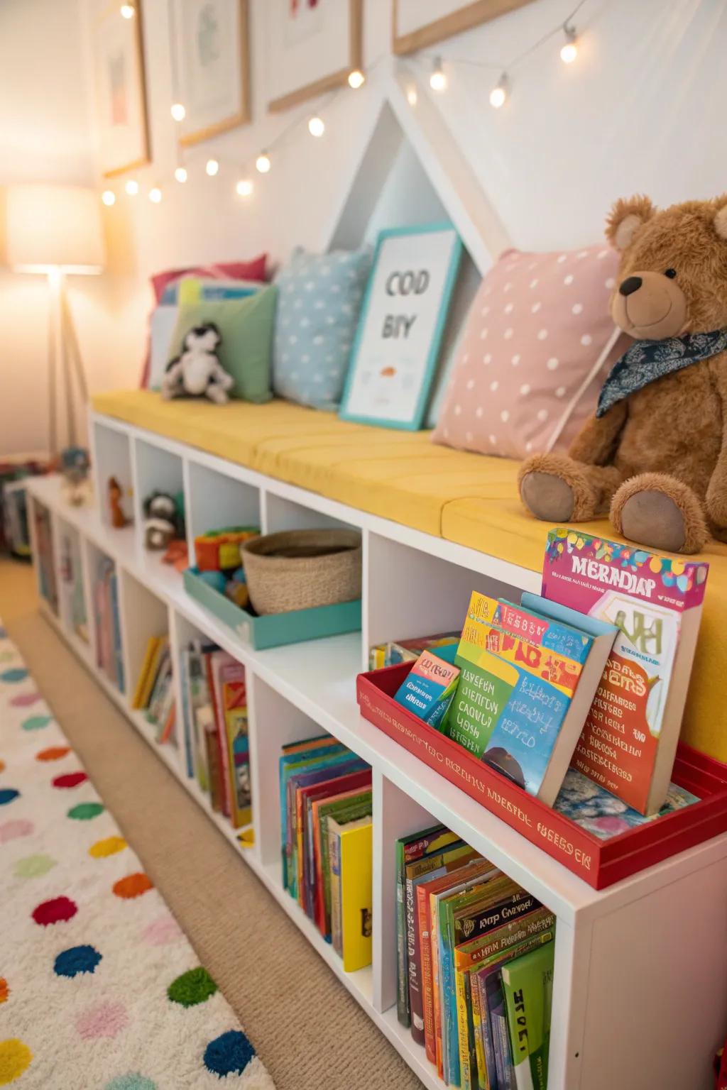 Book ledges merge storage with ornamentation.