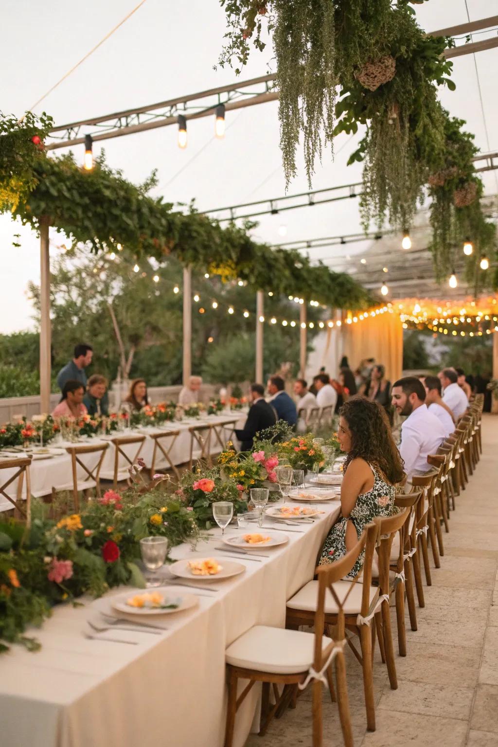 Verdant garlands elegantly decorating lengthy wedding tables.