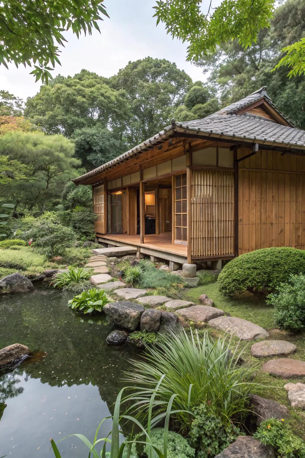 Bamboo siding provides a sustainable and tranquil exterior.