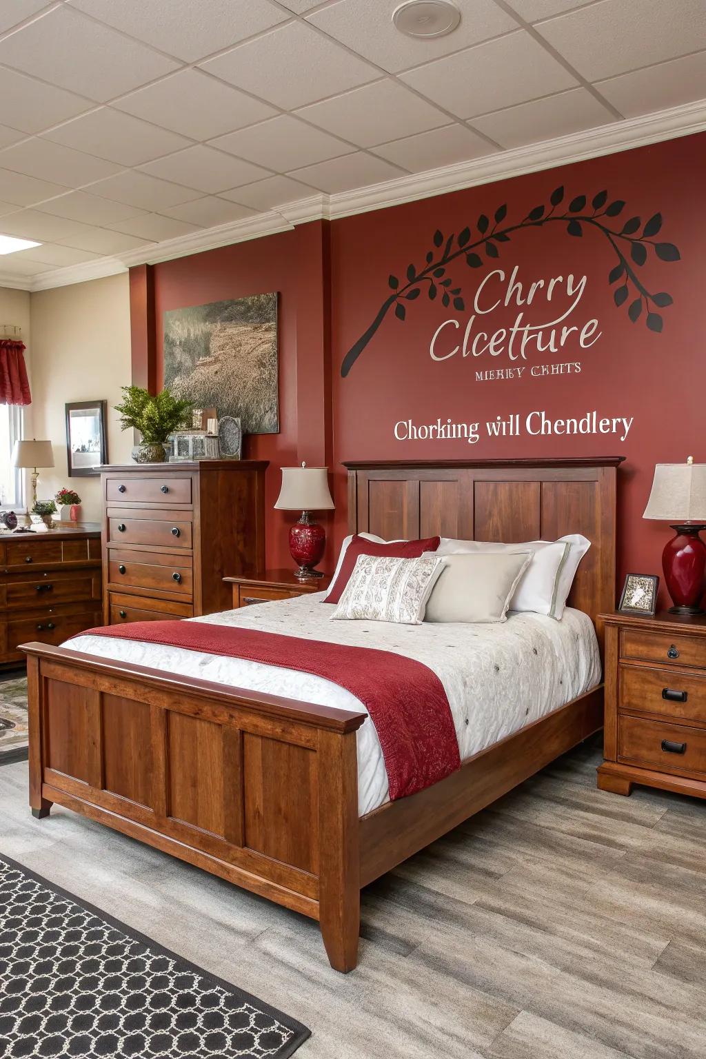 An emphatic wall contributing drama to a maple wood bedroom.