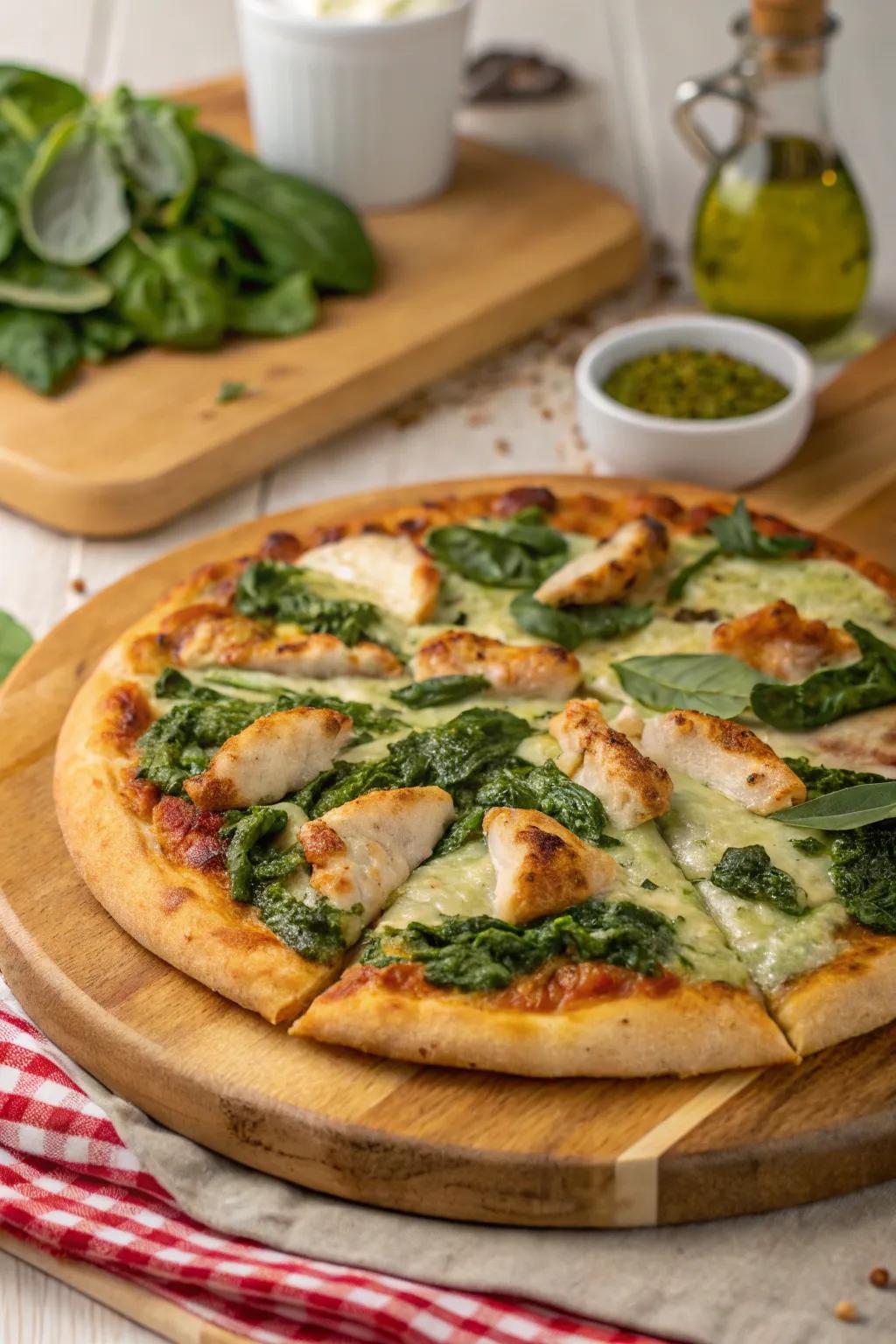 Chicken spinach pesto pizza, a bold variation on a classic.