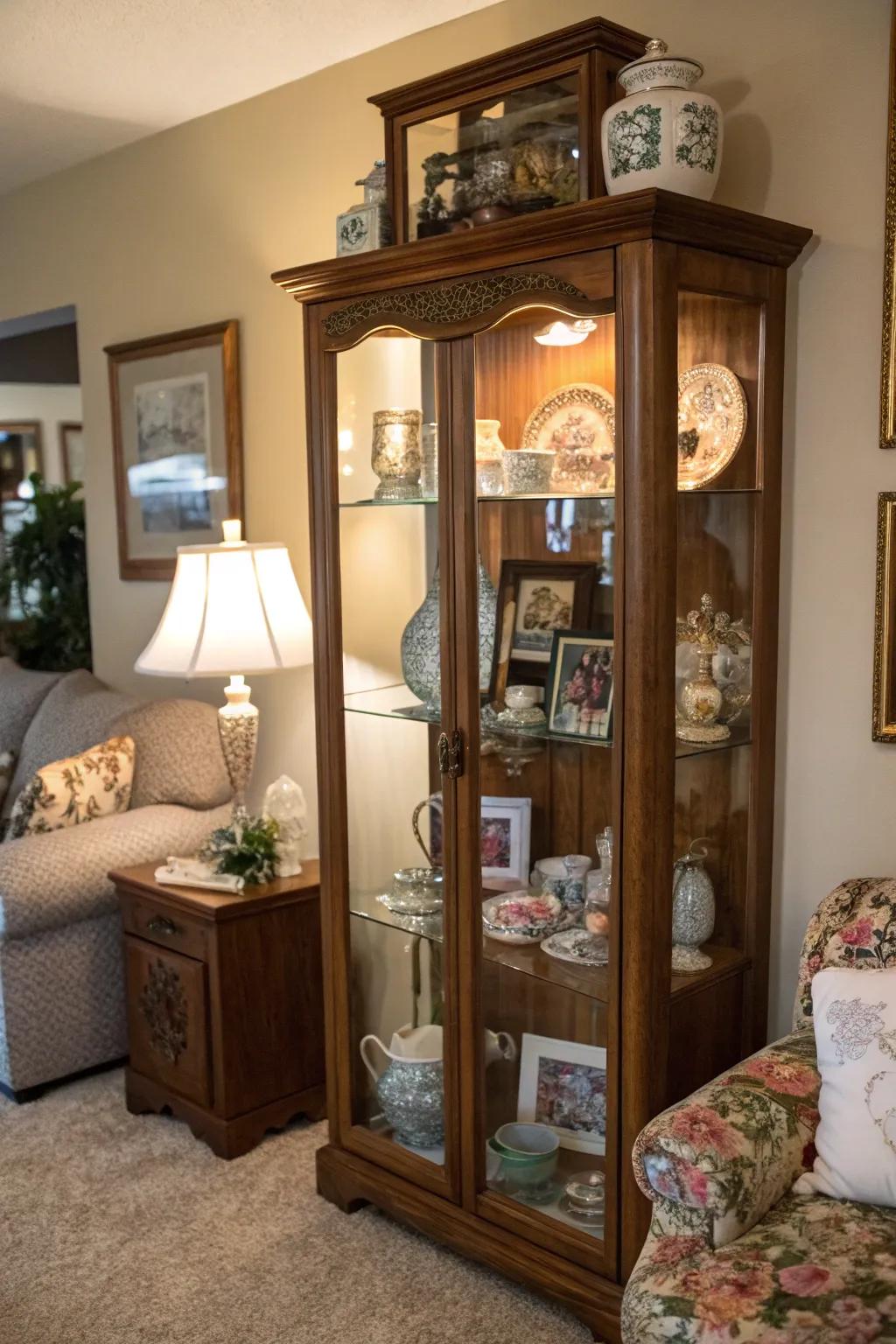 Sentimental items add a personal touch to the cabinet.