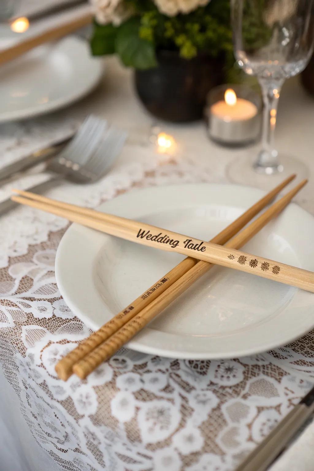 Customized chopsticks introduce a unique touch to the table setting.