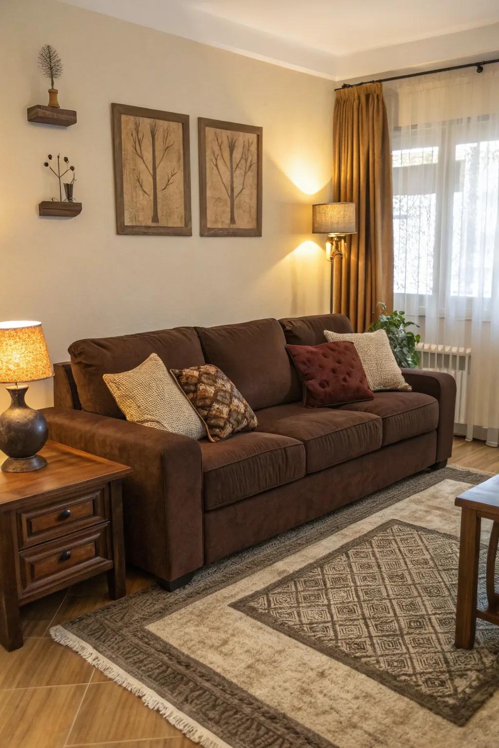 A bold monochromatic scheme with varying shades of brown enhances the cocoa sofa.