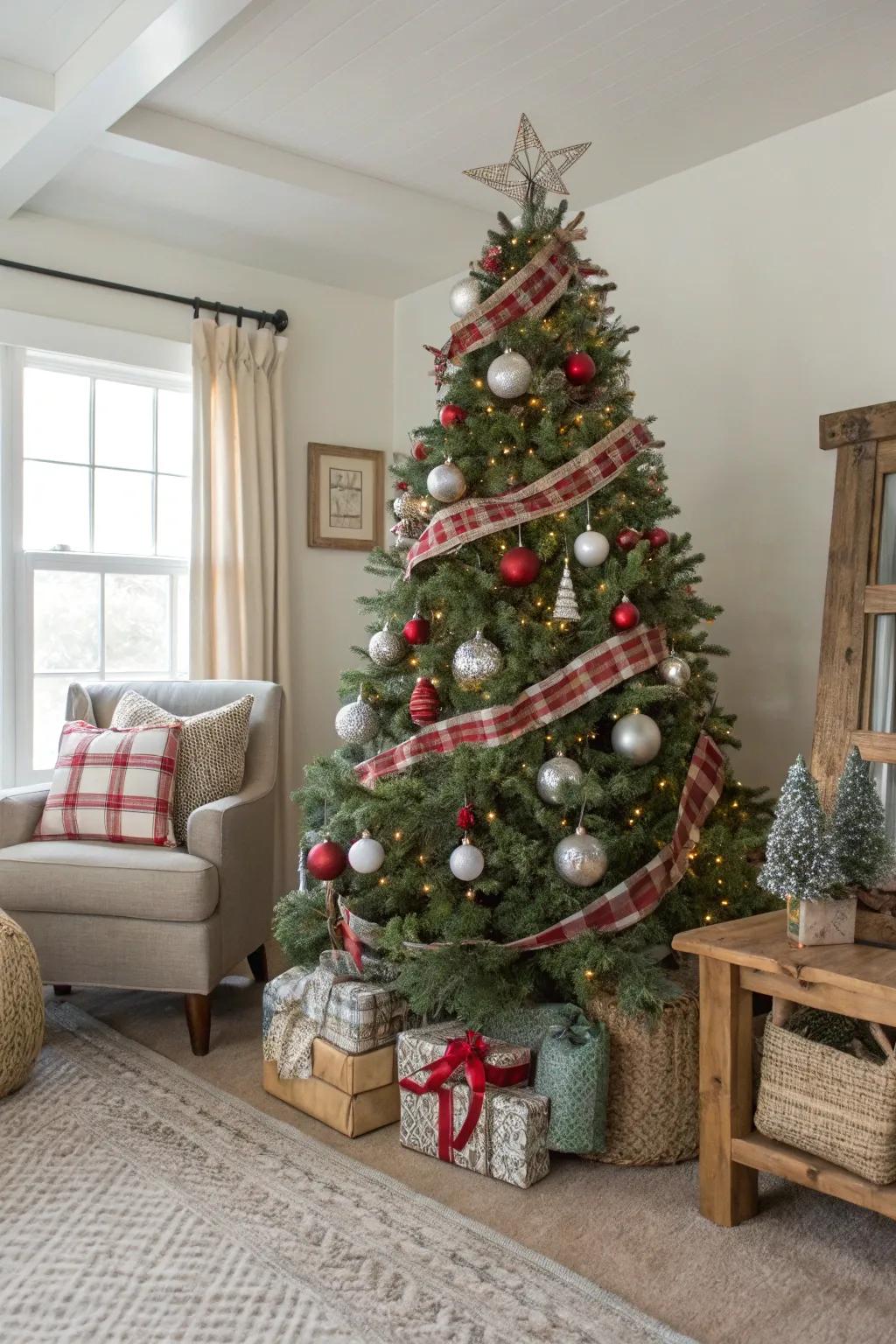 A farmhouse chic Christmas bauble tree with homespun and stylish components.