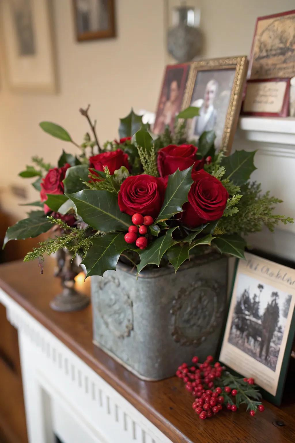 Aged tins add nostalgic charm to festive arrangements.