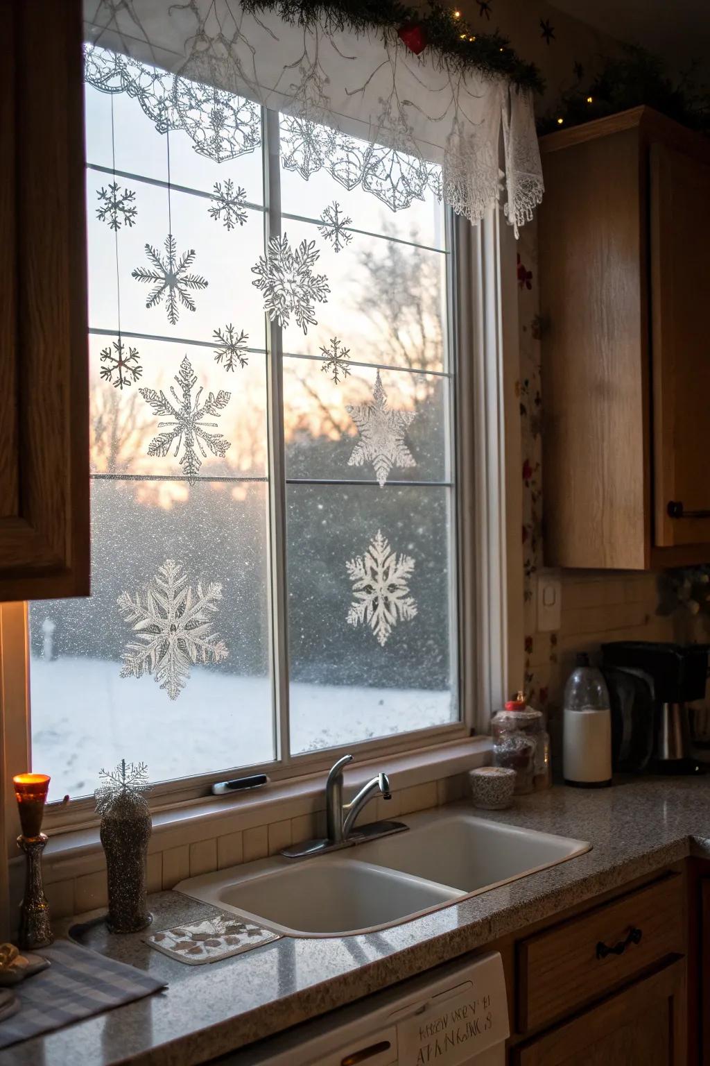 A winter wonderland on the kitchen window featuring snowflake stickers.