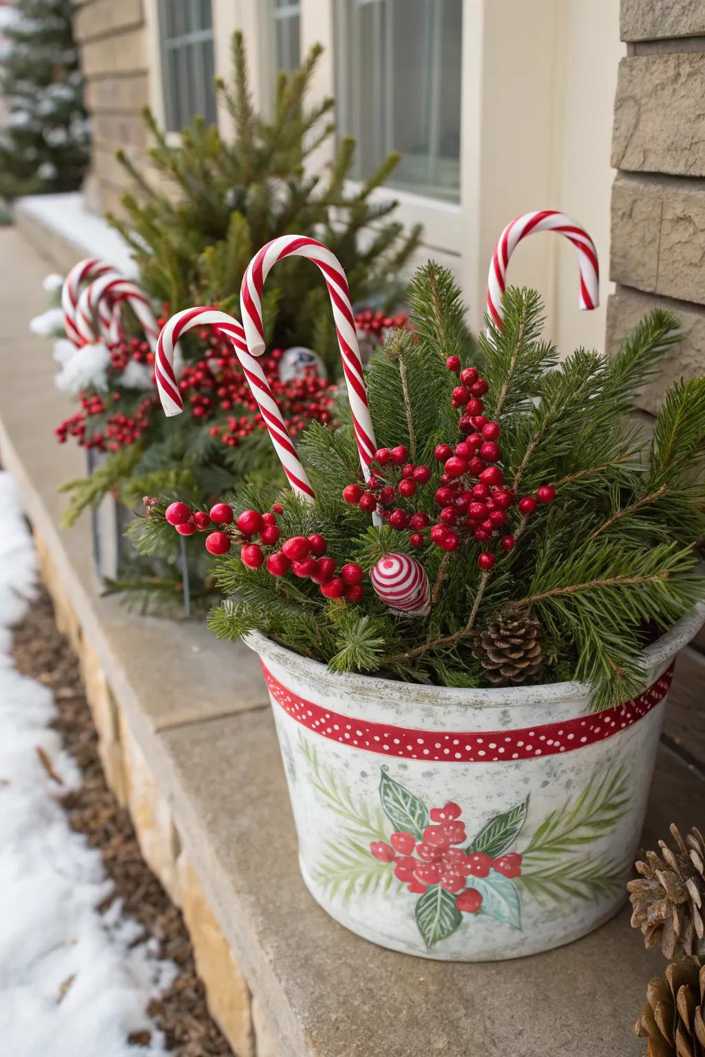 Candy sticks contribute a cheerful and sweet aspect to holiday arrangements.