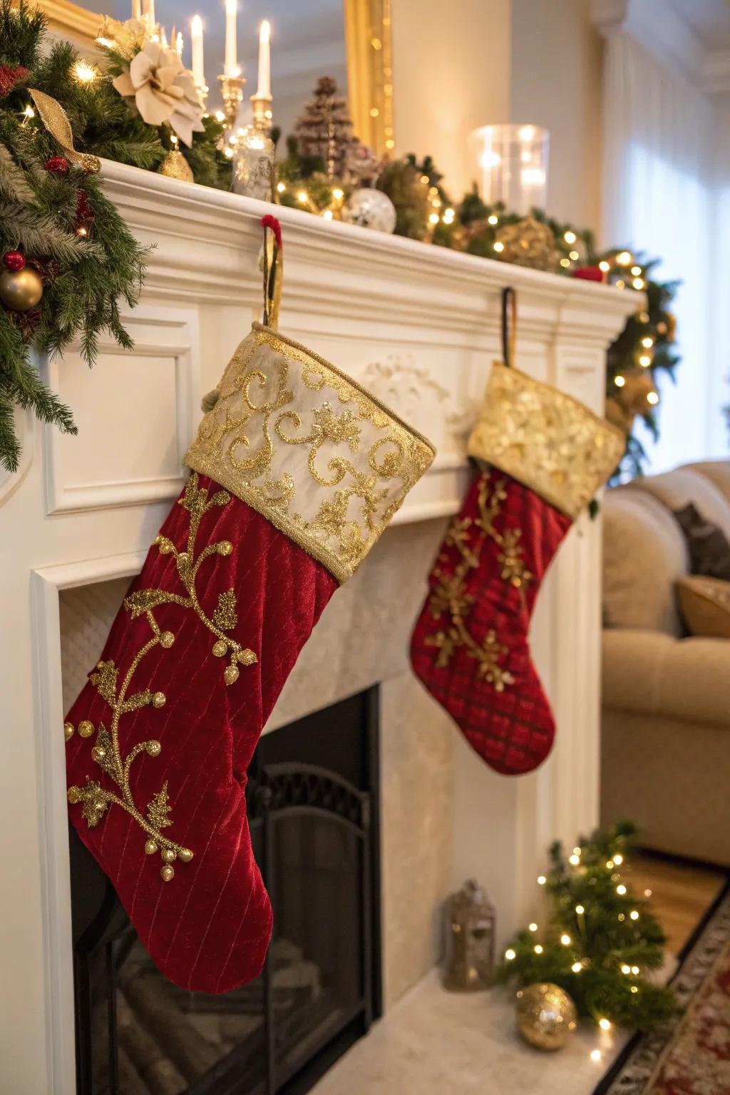 Gilded highlights contribute a hint of grandeur to festive stockings.