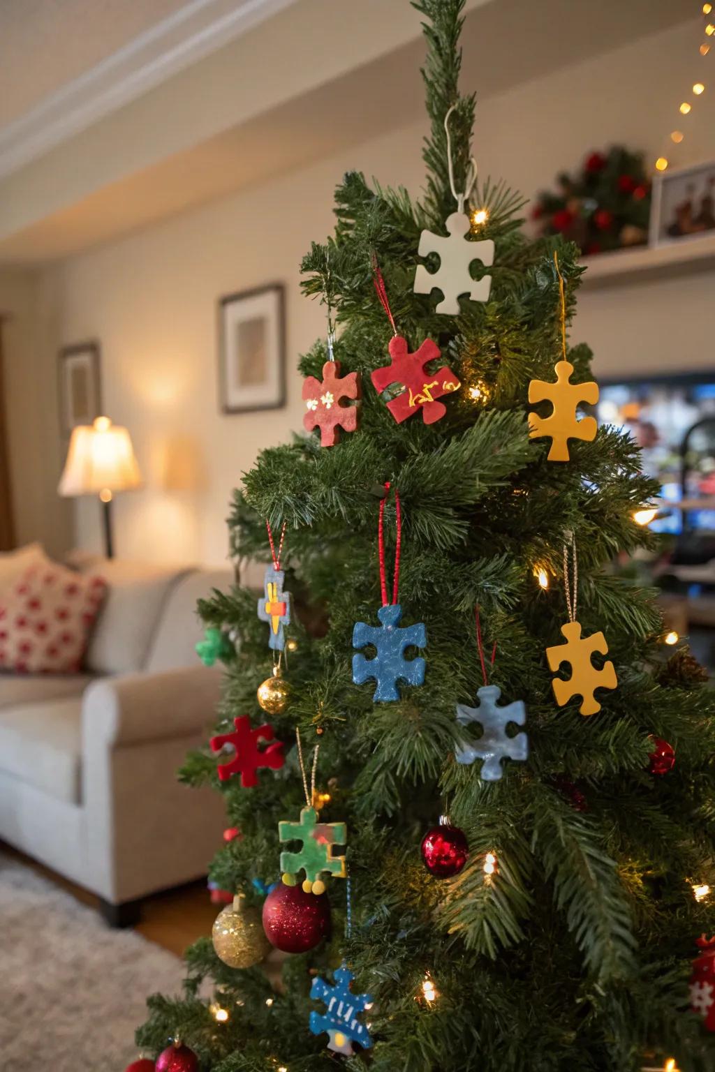 A Christmas tree featuring creative jigsaw piece ornaments.